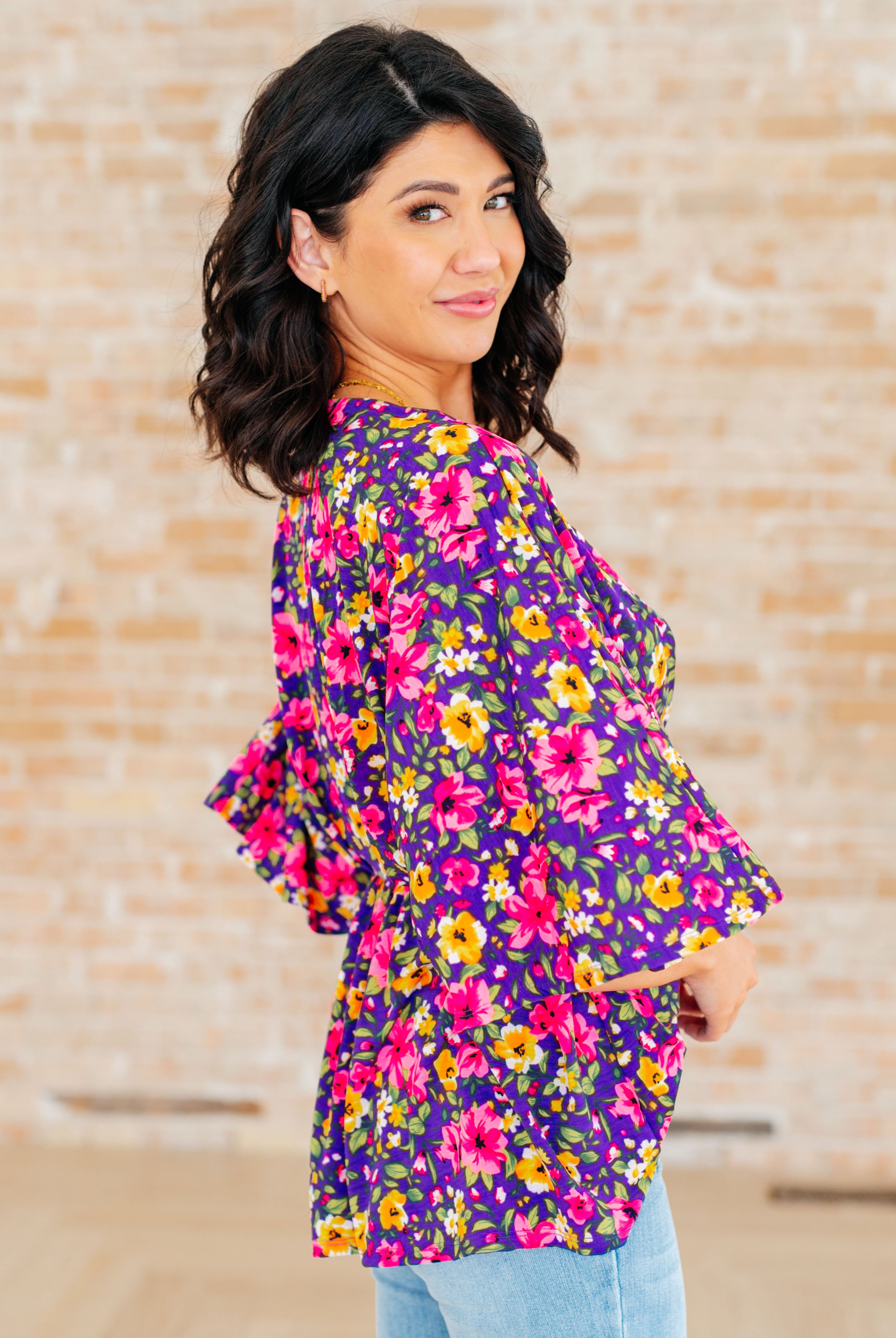 Dreamer Peplum Top in Purple and Pink Floral-Long Sleeve Tops-Krush Kandy, Women's Online Fashion Boutique Located in Phoenix, Arizona (Scottsdale Area)