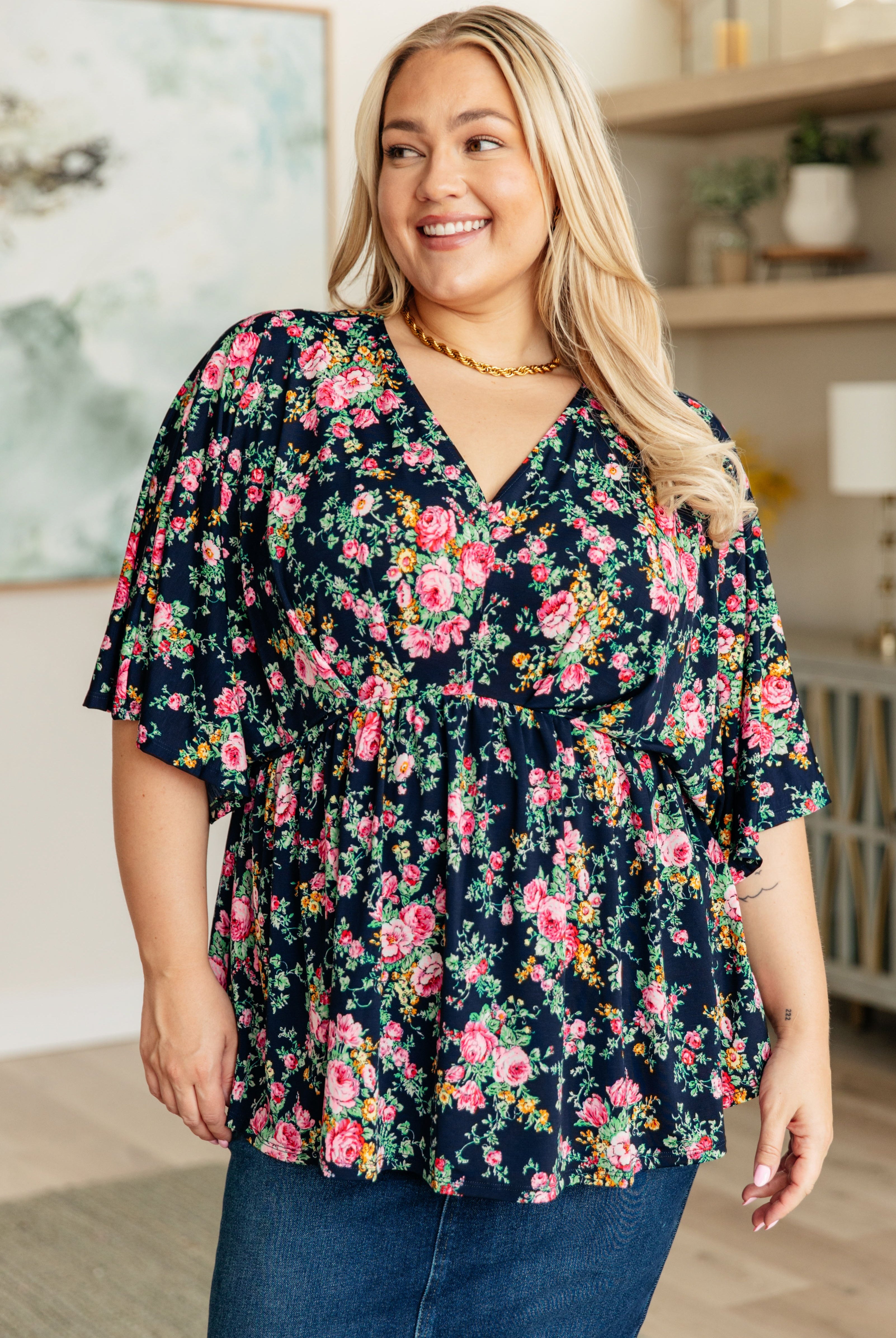 Dreamer Top in Navy and Pink Vintage Bouquet-Long Sleeve Tops-Krush Kandy, Women's Online Fashion Boutique Located in Phoenix, Arizona (Scottsdale Area)