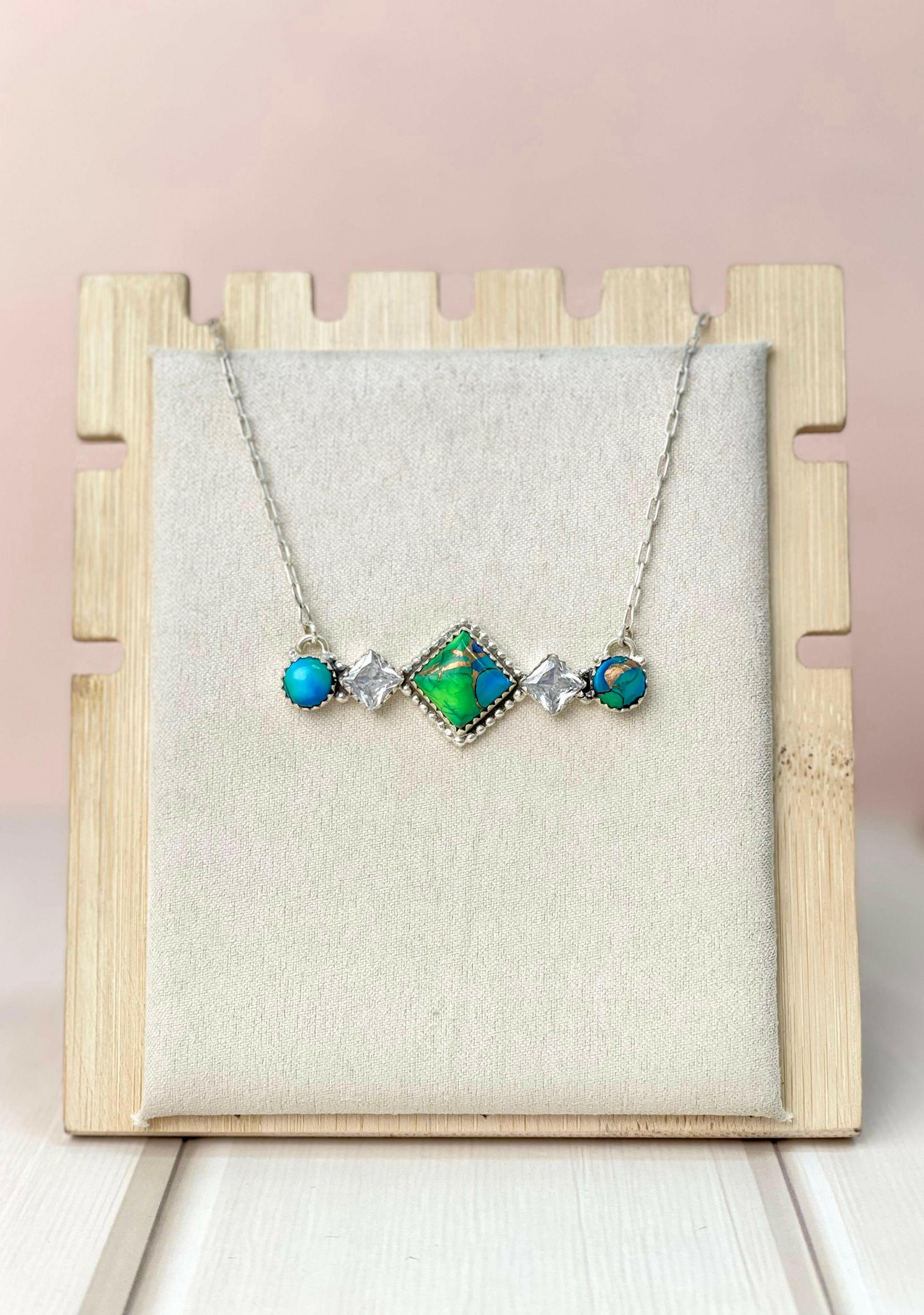 Peacock Dahlia Square CZ Bar Necklace-Necklaces-Krush Kandy, Women's Online Fashion Boutique Located in Phoenix, Arizona (Scottsdale Area)