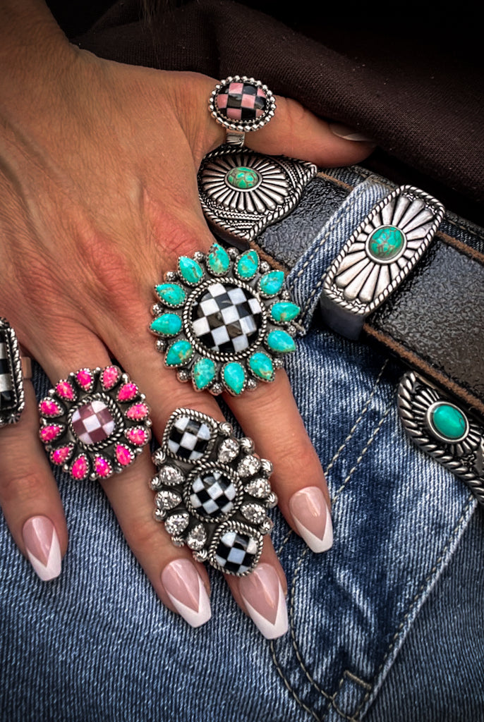 Turquoise & Checkered Sunflower Ring (BIG & SMALL) PREORDER NOW OPEN-Statement Rings-Krush Kandy, Women's Online Fashion Boutique Located in Phoenix, Arizona (Scottsdale Area)