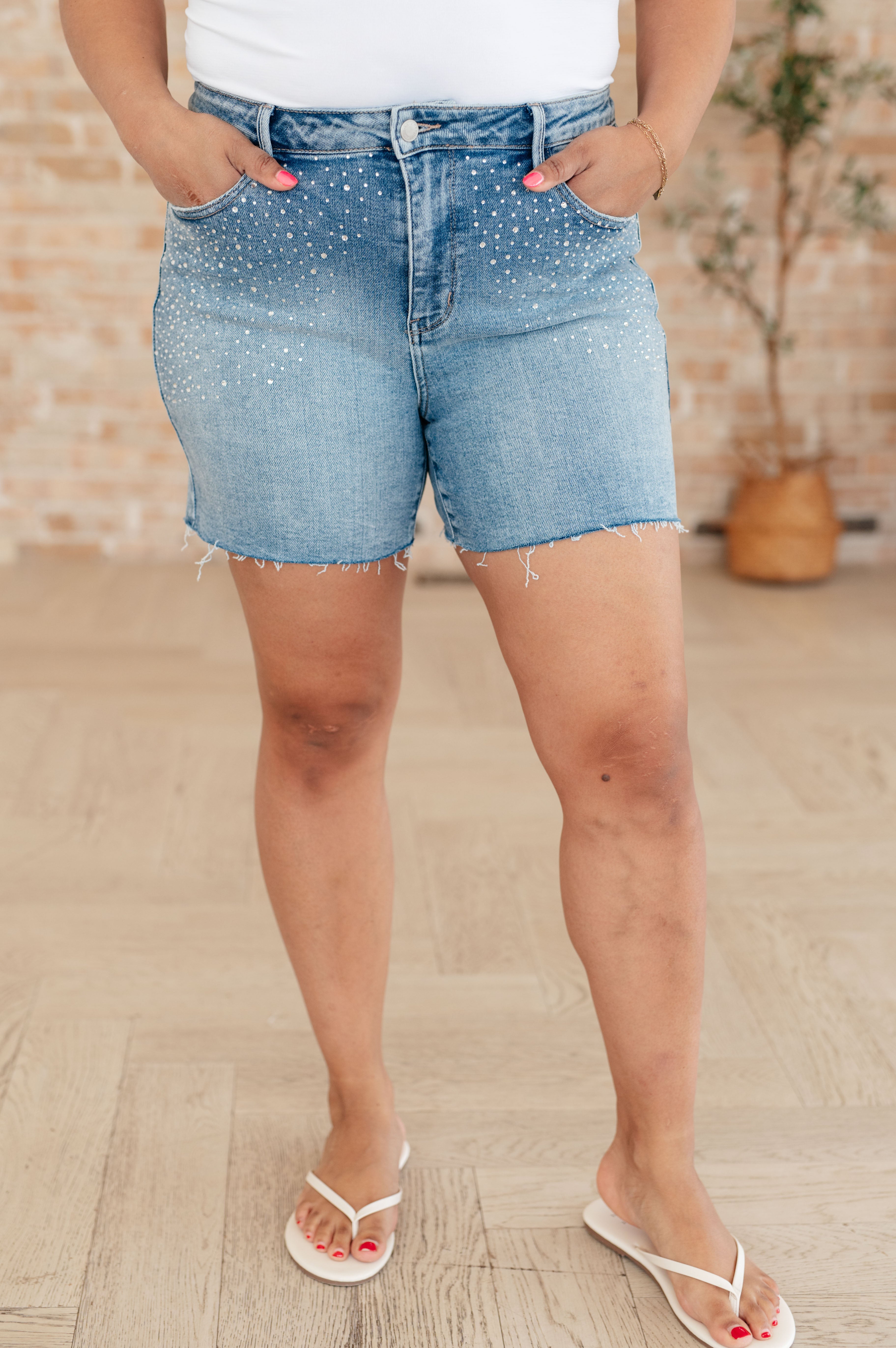 Elle High Rise Rhinestone Cutoff Shorts-Denim-Krush Kandy, Women's Online Fashion Boutique Located in Phoenix, Arizona (Scottsdale Area)