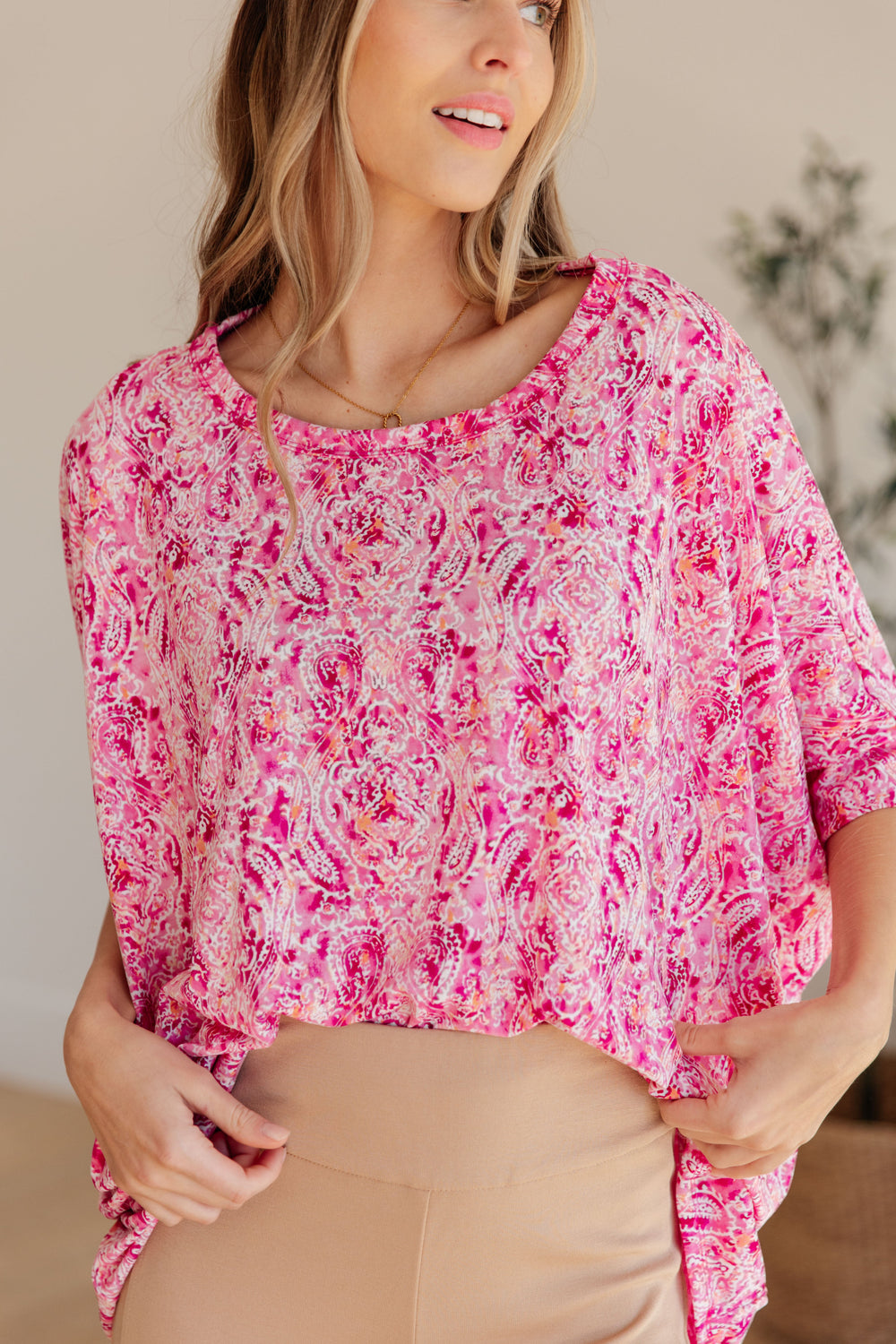 Essential Blouse in Fuchsia and White Paisley-Short Sleeve Tops-Krush Kandy, Women's Online Fashion Boutique Located in Phoenix, Arizona (Scottsdale Area)