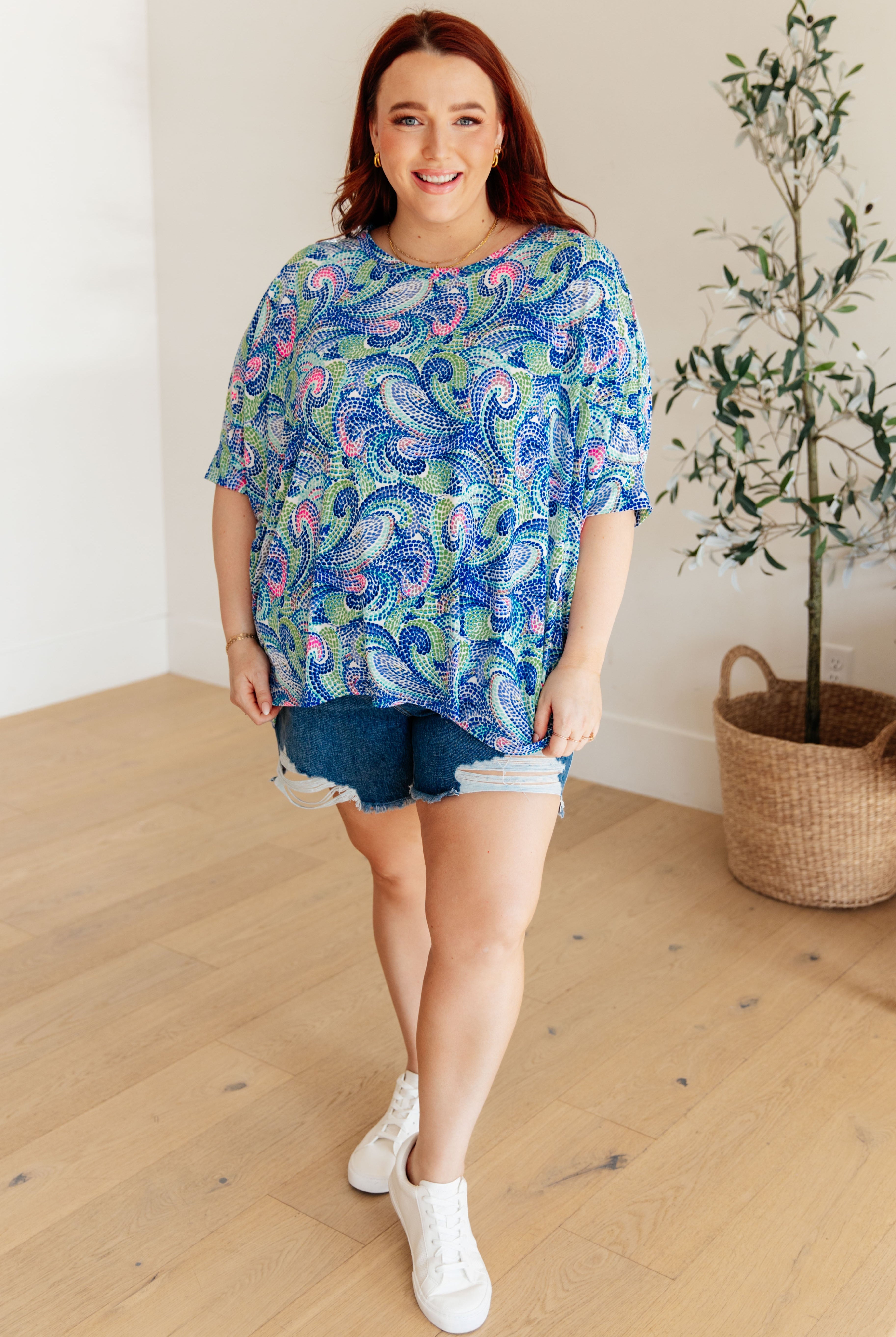 Essential Blouse in Painted Blue Mix-Short Sleeve Tops-Krush Kandy, Women's Online Fashion Boutique Located in Phoenix, Arizona (Scottsdale Area)