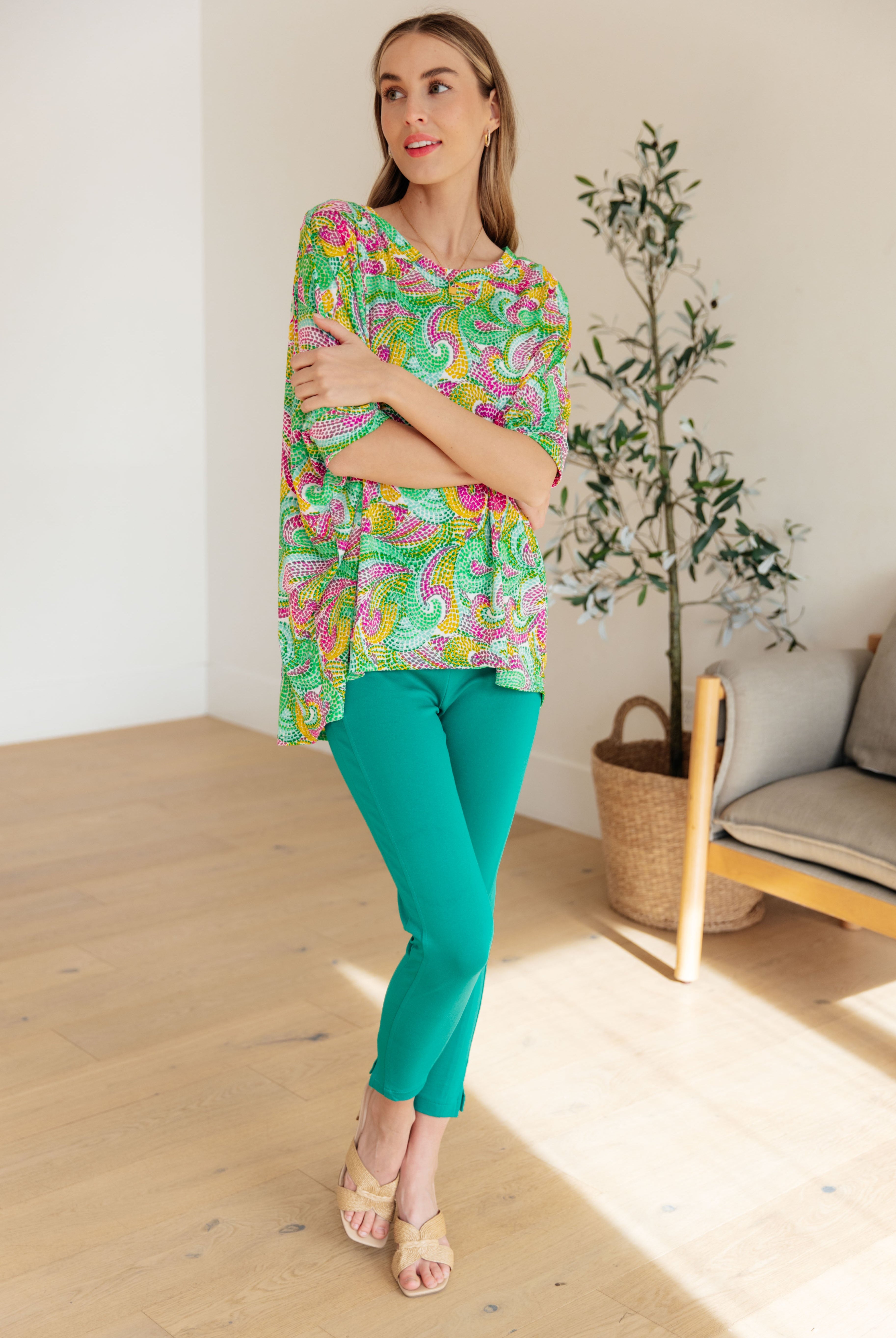Essential Blouse in Painted Green and Pink-Long Sleeve Tops-Krush Kandy, Women's Online Fashion Boutique Located in Phoenix, Arizona (Scottsdale Area)