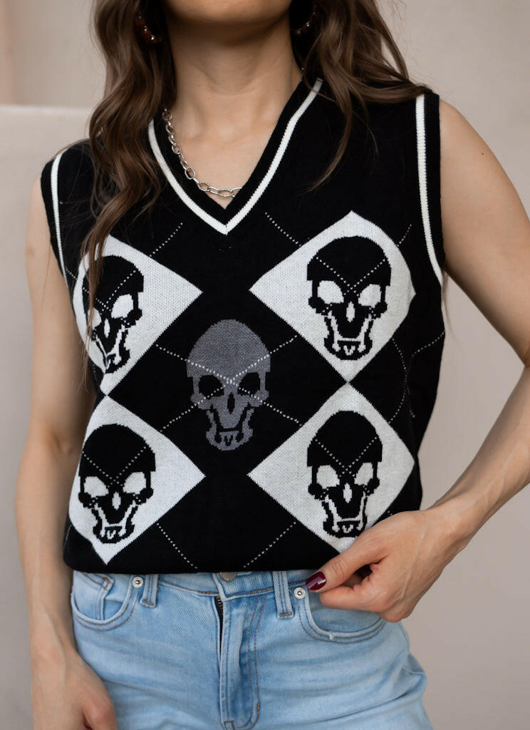Skull Contrast V-Neck Sweater Vest Bold Style