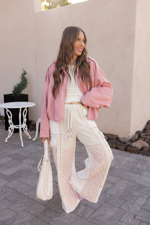 POL Quilted Floral Patch Pants – Relaxed Boho Thermal Pants