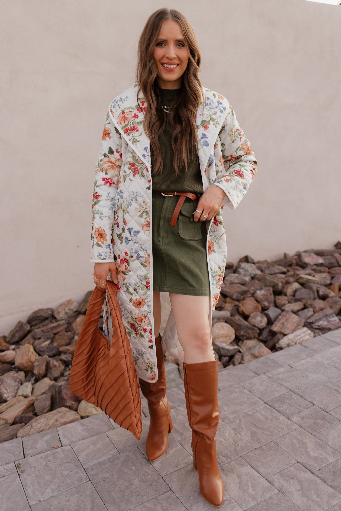 Floral Quilted Belted Long Coat S-3X-Coats-Krush Kandy, Women's Online Fashion Boutique Located in Phoenix, Arizona (Scottsdale Area)