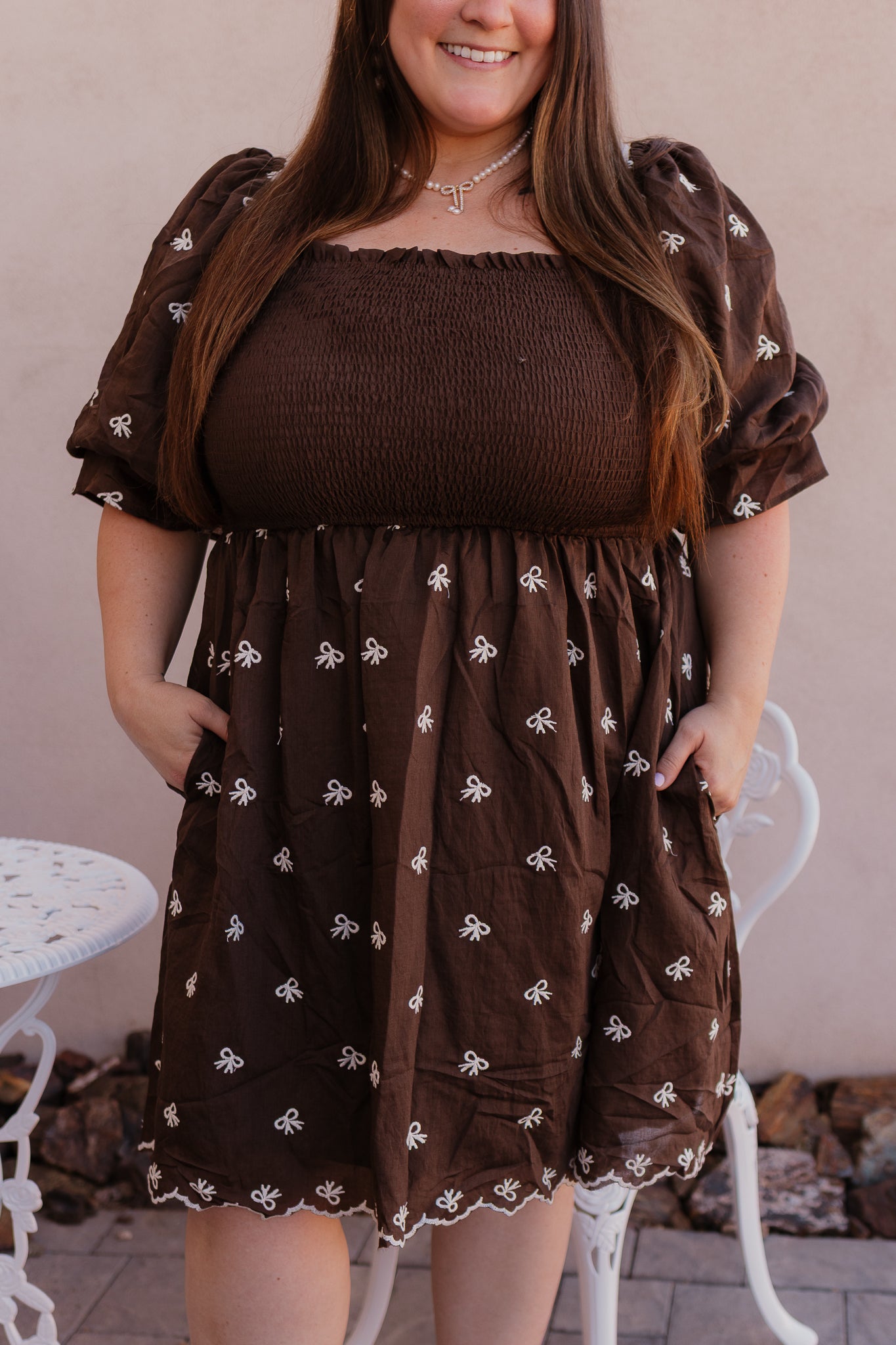 Brown Embroidered Bow Babydoll Dress S-3X-Dresses-Krush Kandy, Women's Online Fashion Boutique Located in Phoenix, Arizona (Scottsdale Area)