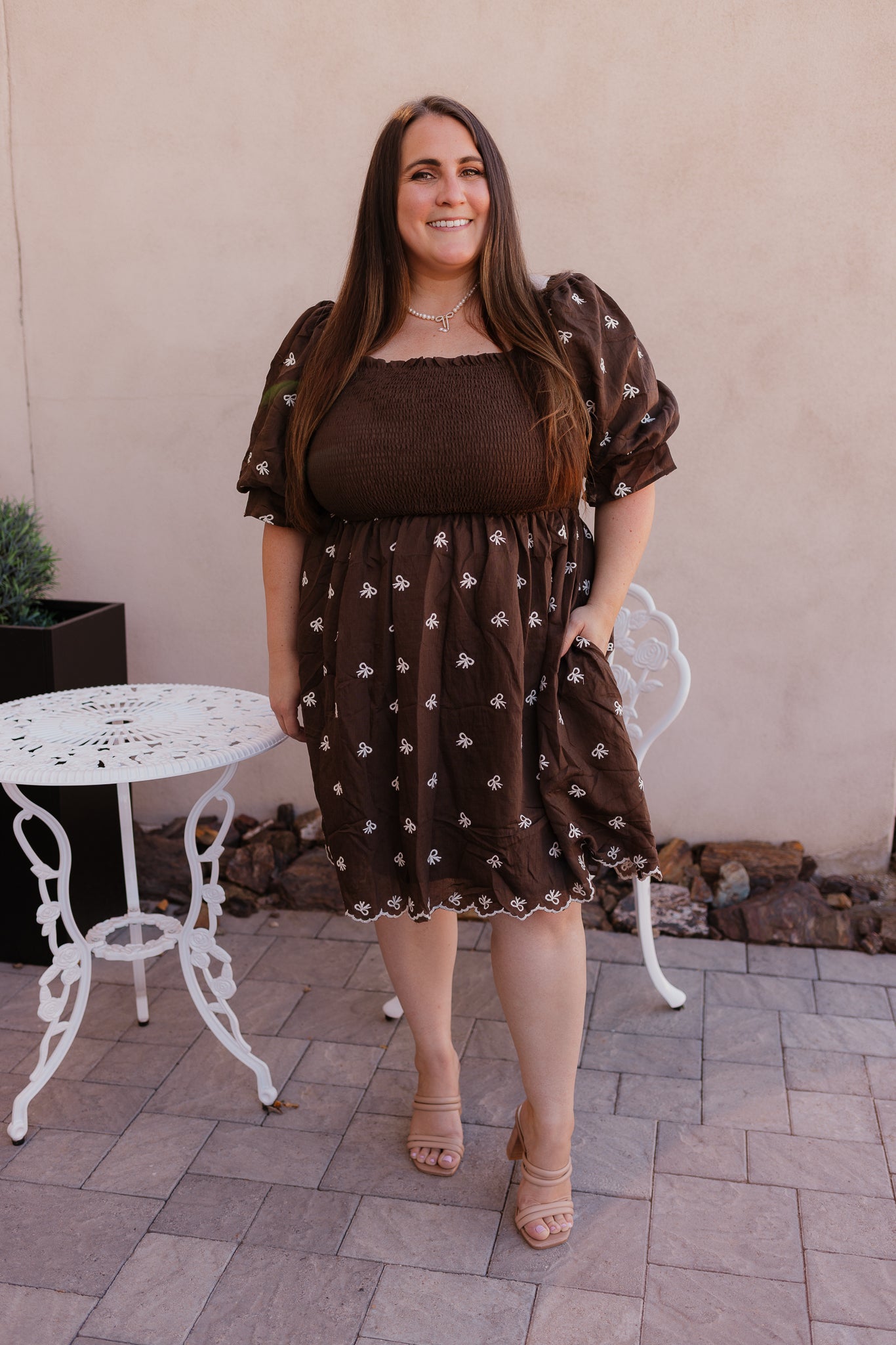 Brown Embroidered Bow Babydoll Dress S-3X-Dresses-Krush Kandy, Women's Online Fashion Boutique Located in Phoenix, Arizona (Scottsdale Area)