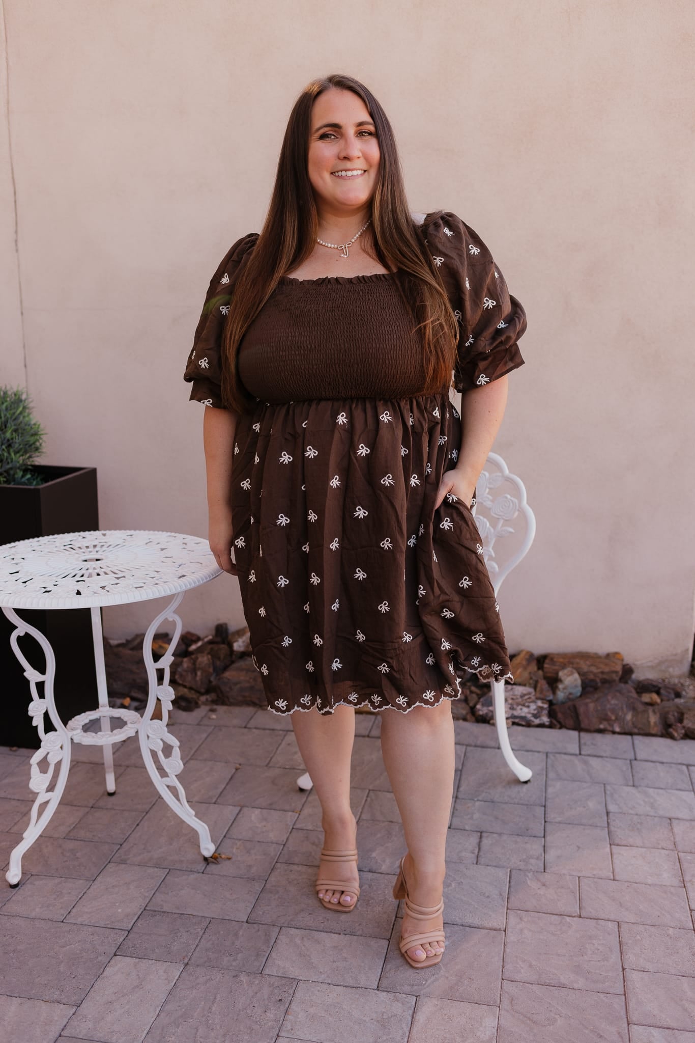 Brown Embroidered Bow Babydoll Dress