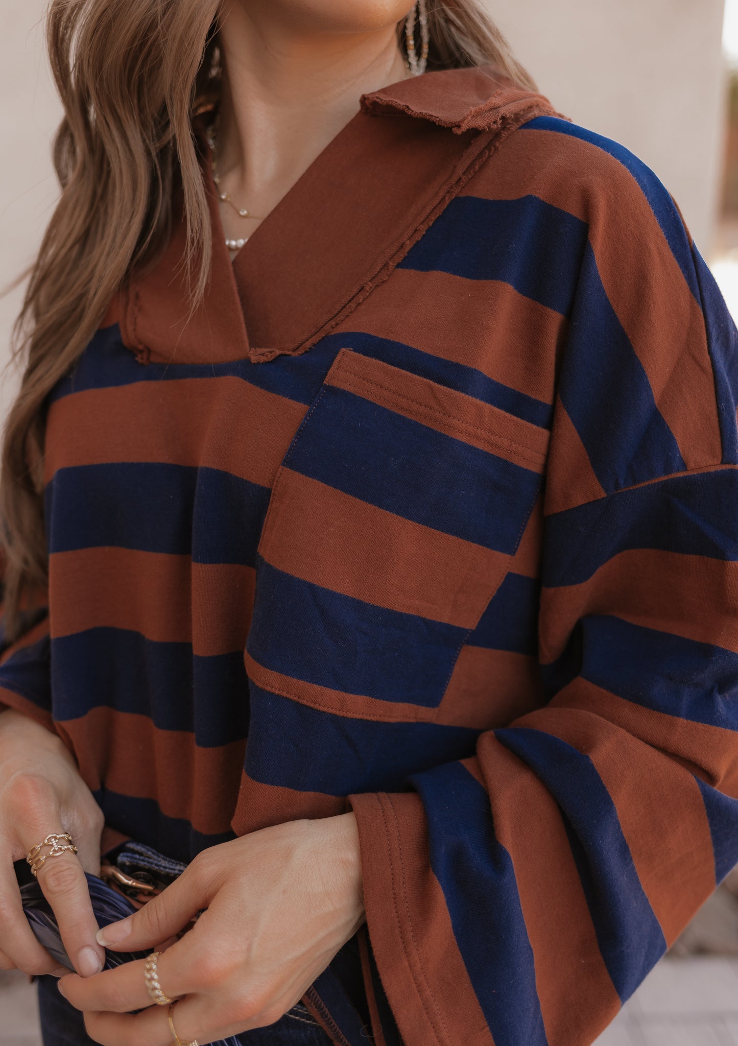 Striped Oversized V-Neck Sweatshirt-Sweatshirt-Krush Kandy, Women's Online Fashion Boutique Located in Phoenix, Arizona (Scottsdale Area)