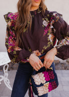 Floral Ruffled Mock Neck Blouse S-3X-Tops-Krush Kandy, Women's Online Fashion Boutique Located in Phoenix, Arizona (Scottsdale Area)