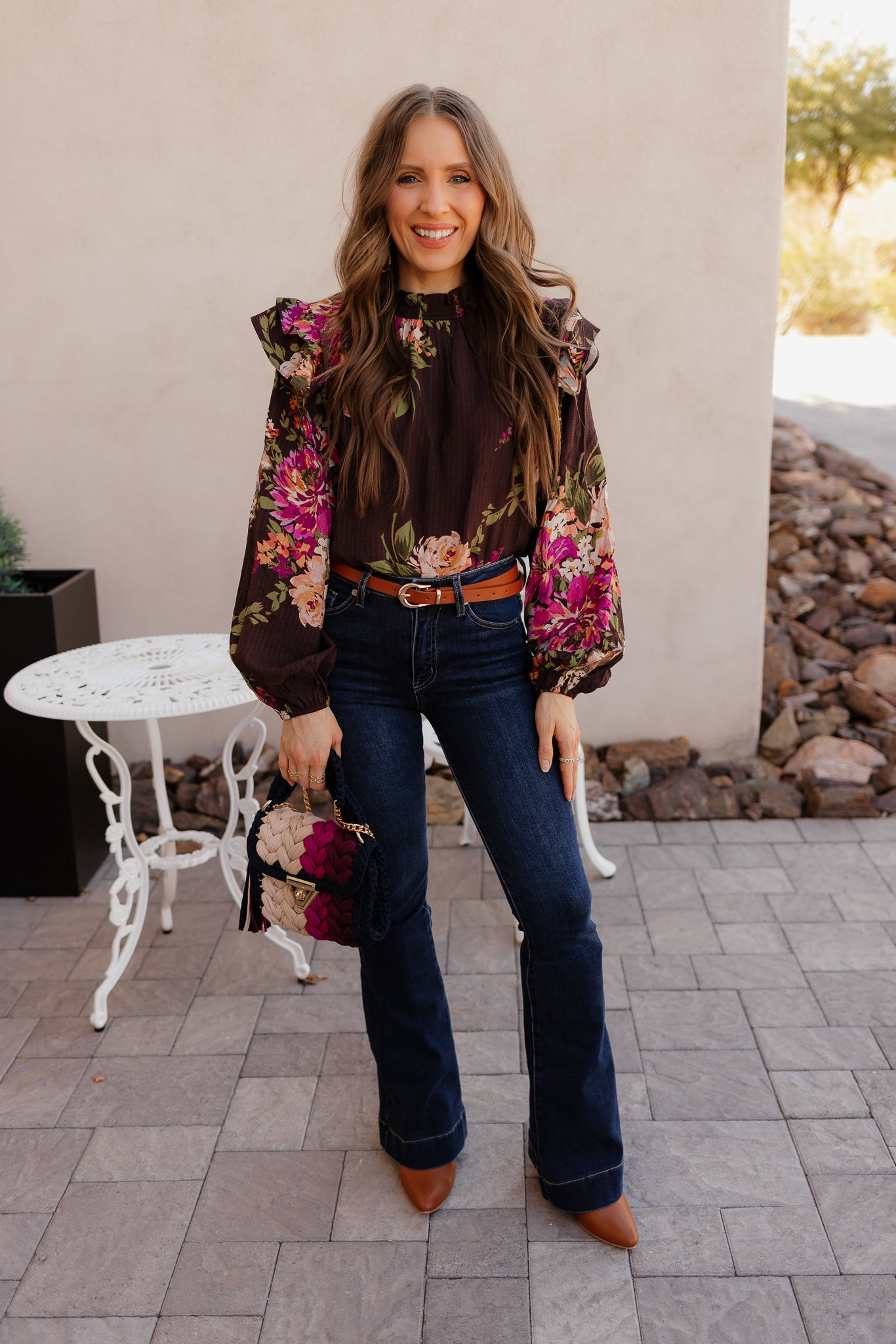 Floral Ruffled Mock Neck Blouse S-3X-Tops-Krush Kandy, Women's Online Fashion Boutique Located in Phoenix, Arizona (Scottsdale Area)