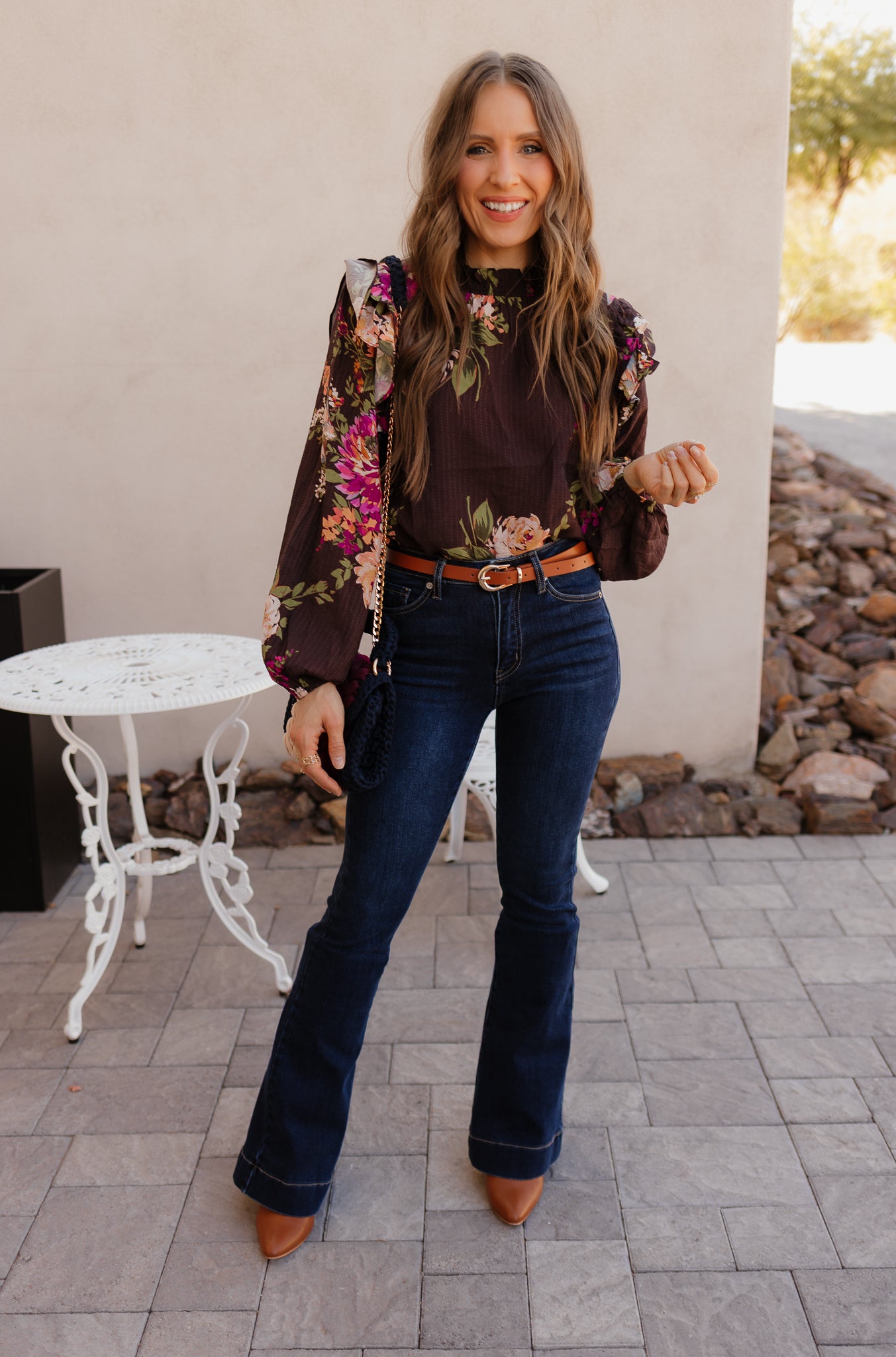 Floral Ruffled Mock Neck Blouse S-3X-Tops-Krush Kandy, Women's Online Fashion Boutique Located in Phoenix, Arizona (Scottsdale Area)