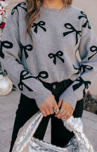 Gray Bow Pattern Knit Sweater-Sweater-Krush Kandy, Women's Online Fashion Boutique Located in Phoenix, Arizona (Scottsdale Area)