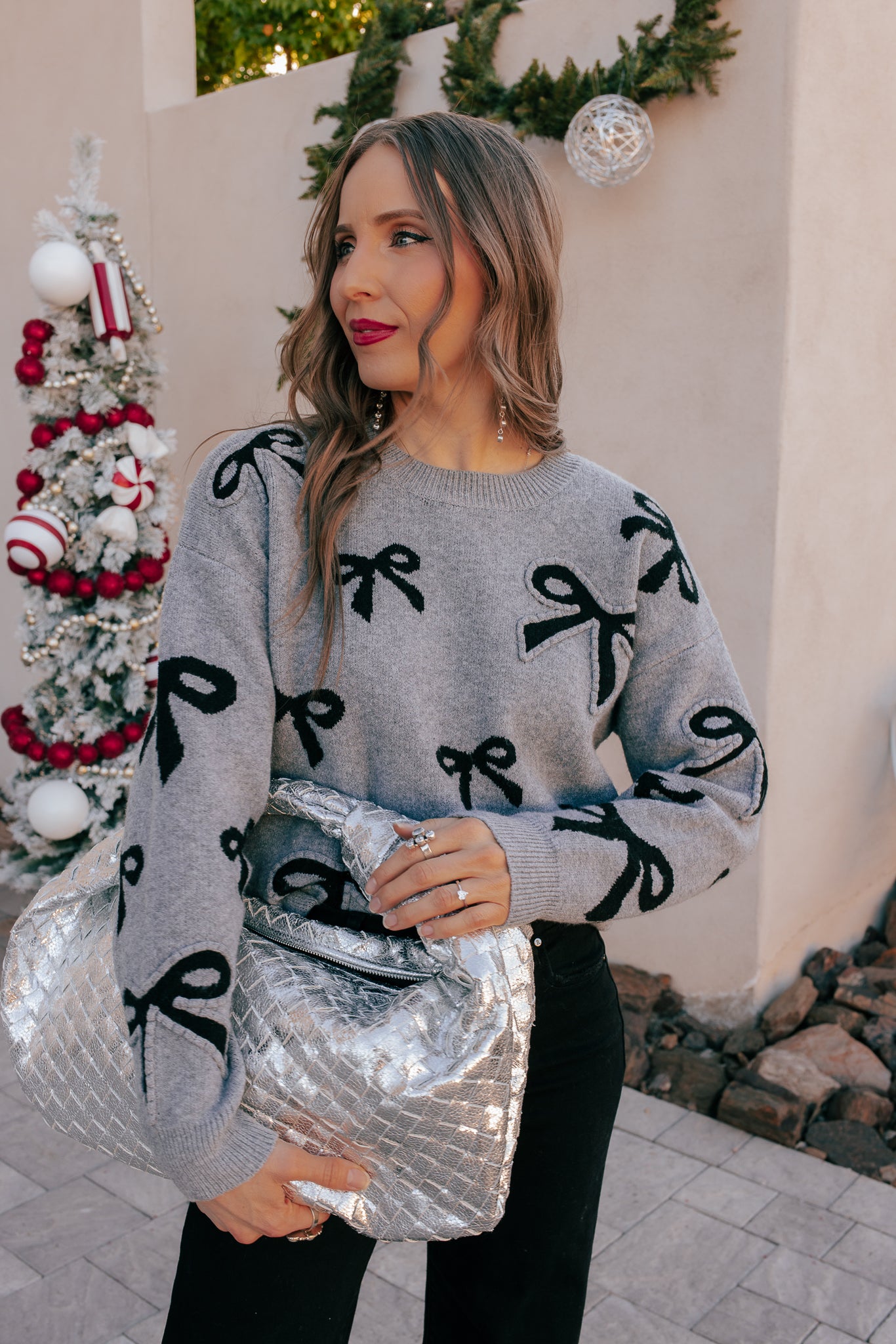 Gray Bow Pattern Knit Sweater-Sweater-Krush Kandy, Women's Online Fashion Boutique Located in Phoenix, Arizona (Scottsdale Area)