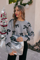 Gray Bow Pattern Knit Sweater-Sweater-Krush Kandy, Women's Online Fashion Boutique Located in Phoenix, Arizona (Scottsdale Area)