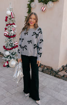 Gray Bow Pattern Knit Sweater-Sweater-Krush Kandy, Women's Online Fashion Boutique Located in Phoenix, Arizona (Scottsdale Area)