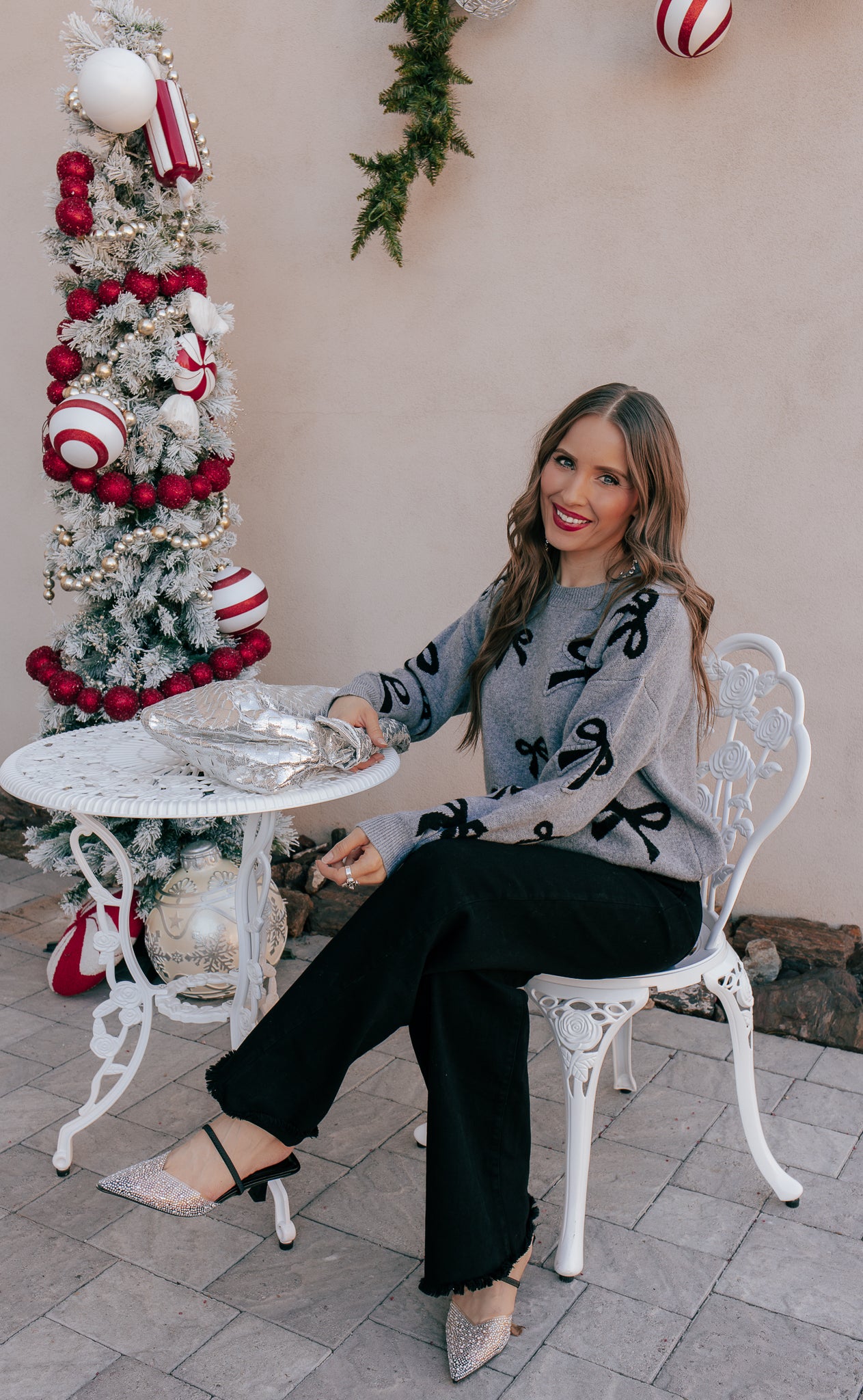 Gray Bow Pattern Knit Sweater-Sweater-Krush Kandy, Women's Online Fashion Boutique Located in Phoenix, Arizona (Scottsdale Area)