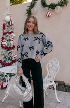 Gray Bow Pattern Knit Sweater-Sweater-Krush Kandy, Women's Online Fashion Boutique Located in Phoenix, Arizona (Scottsdale Area)