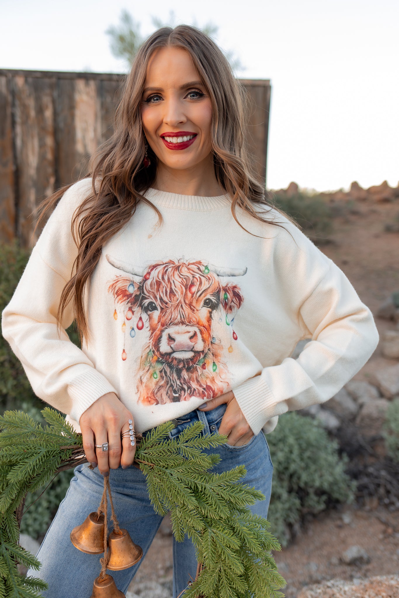 Highland Cow Christmas Lights Knit Sweater | KKB EXCLUSIVE XS-3X-Sweater-Krush Kandy, Women's Online Fashion Boutique Located in Phoenix, Arizona (Scottsdale Area)