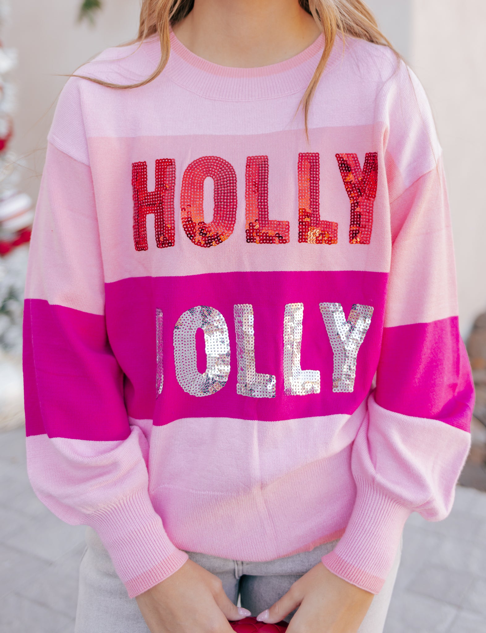 Sequined HOLLY JOLLY Color Block Crew Neck Sweater-Sweater-Krush Kandy, Women's Online Fashion Boutique Located in Phoenix, Arizona (Scottsdale Area)