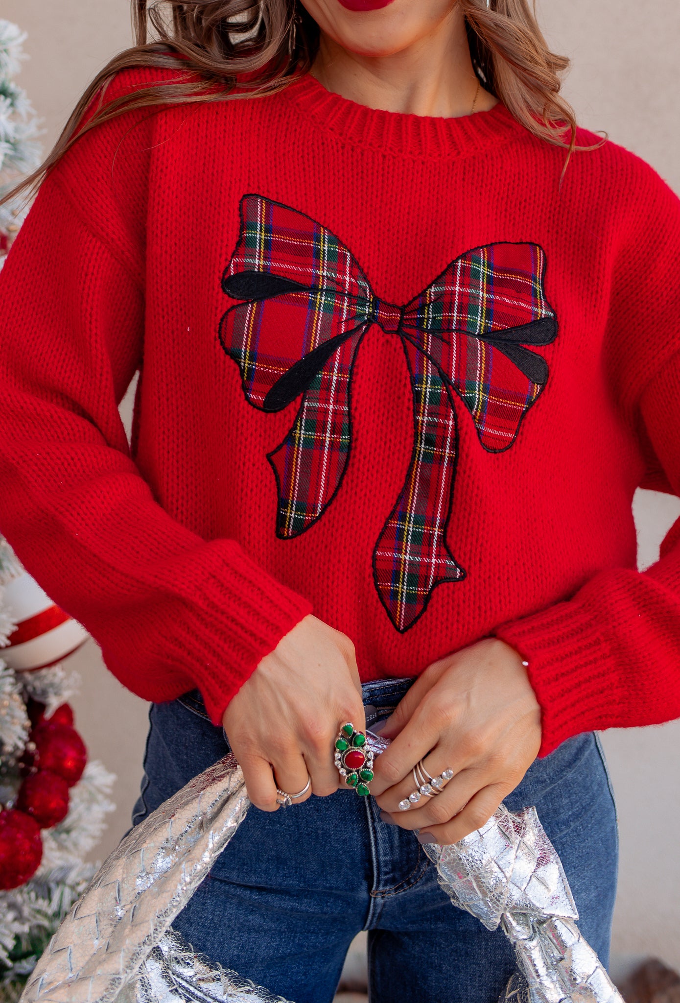 Plaid Bow Holiday Sweater \ KKB EXCLUSIVE XS-3X-Sweater-Krush Kandy, Women's Online Fashion Boutique Located in Phoenix, Arizona (Scottsdale Area)