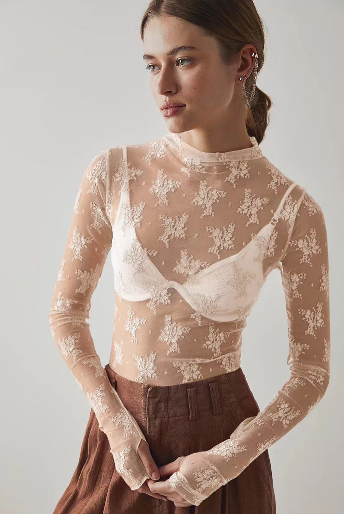 Chic Lace Mesh Top-Long Sleeve Tops-Krush Kandy, Women's Online Fashion Boutique Located in Phoenix, Arizona (Scottsdale Area)