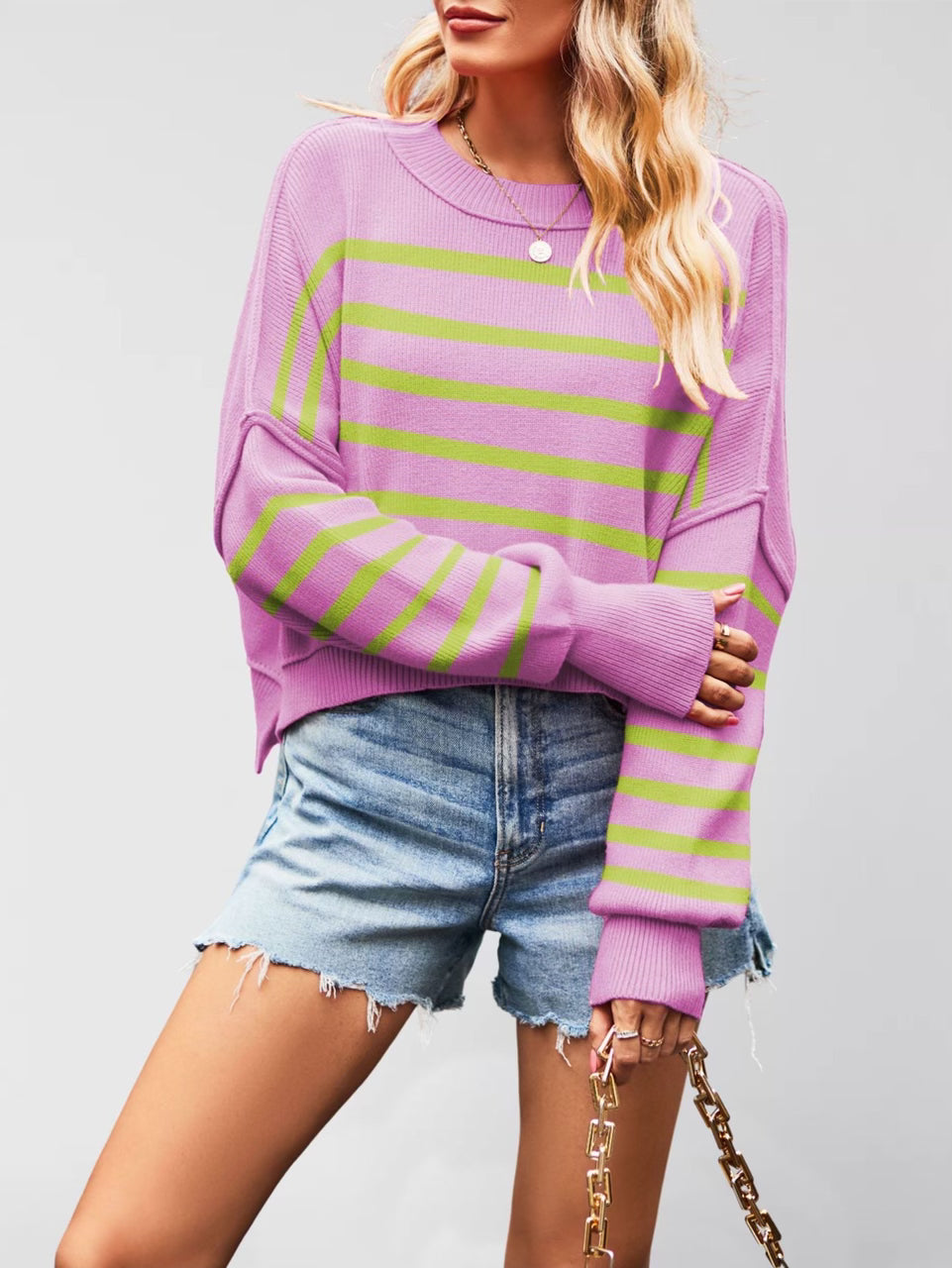 Round Neck Striped Side Slit Lantern Sleeve Sweater-Sweater-Krush Kandy, Women's Online Fashion Boutique Located in Phoenix, Arizona (Scottsdale Area)