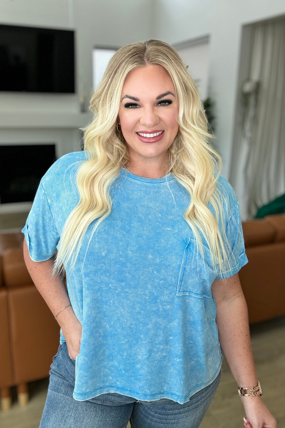 Mineral Wash Ribbed Round Neck Top in Sky Blue-Short Sleeve Tops-Krush Kandy, Women's Online Fashion Boutique Located in Phoenix, Arizona (Scottsdale Area)