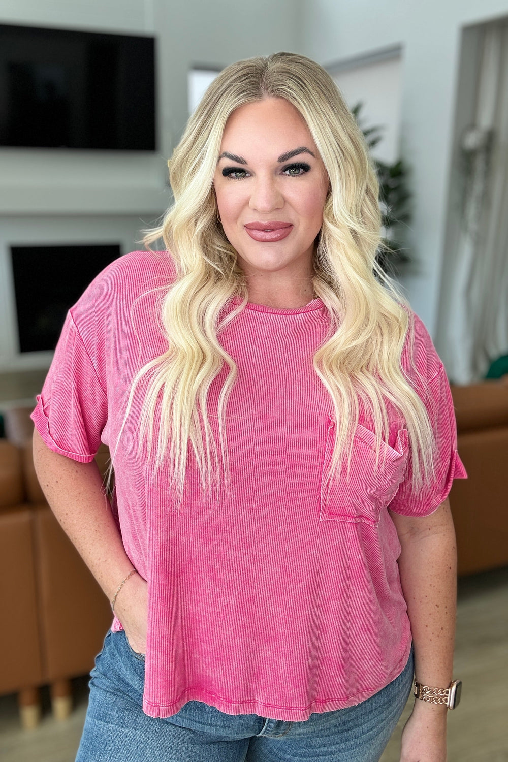 Mineral Wash Ribbed Round Neck Top in Hot Pink-Short Sleeve Tops-Krush Kandy, Women's Online Fashion Boutique Located in Phoenix, Arizona (Scottsdale Area)