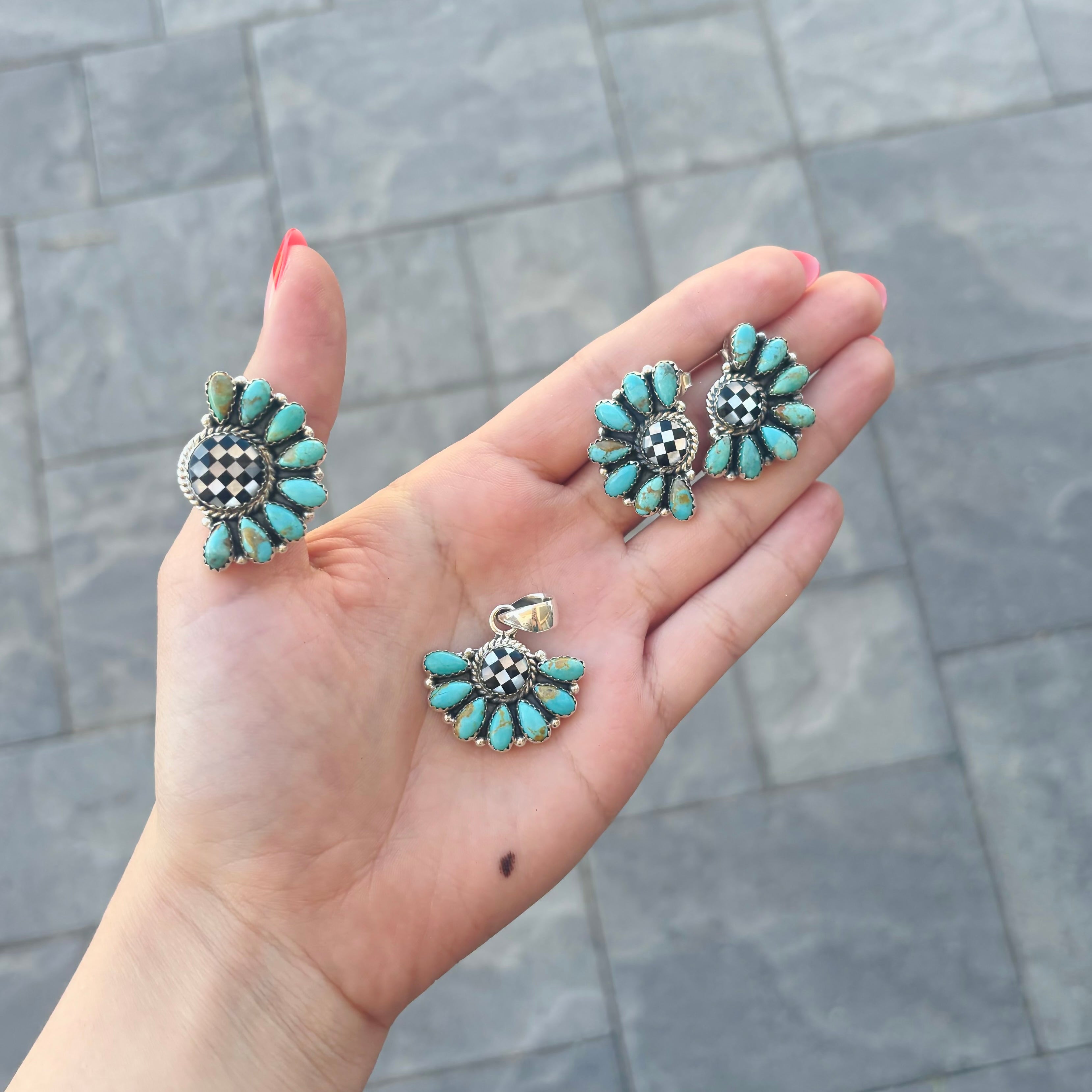 Turquoise & Checkered Pendant, Ring & Earrings | PREORDER NOW OPEN-Charms & Pendants-Krush Kandy, Women's Online Fashion Boutique Located in Phoenix, Arizona (Scottsdale Area)