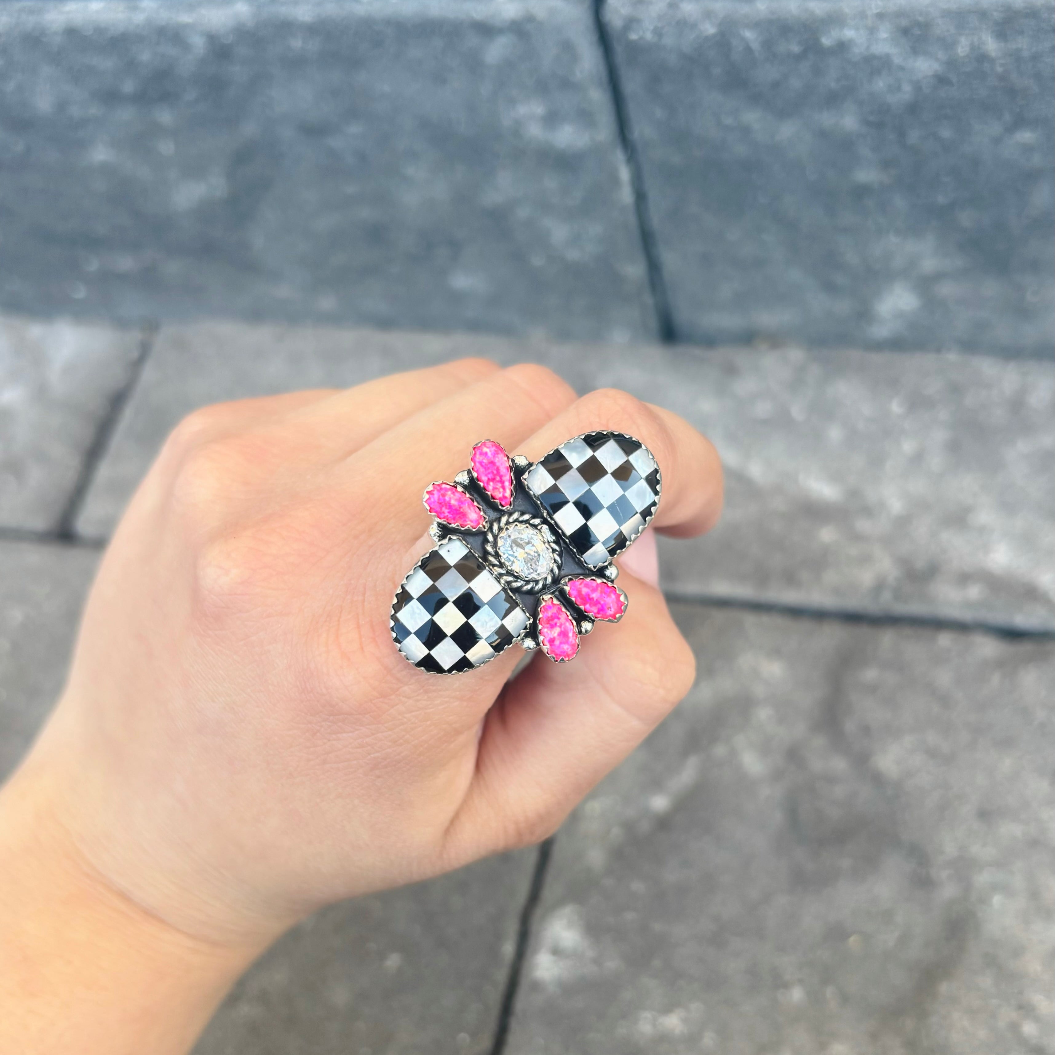 Front View. Checkered Stone Lovebug Ring PREORDER NOW OPEN-Rings-Krush Kandy, Women's Online Fashion Boutique Located in Phoenix, Arizona (Scottsdale Area)