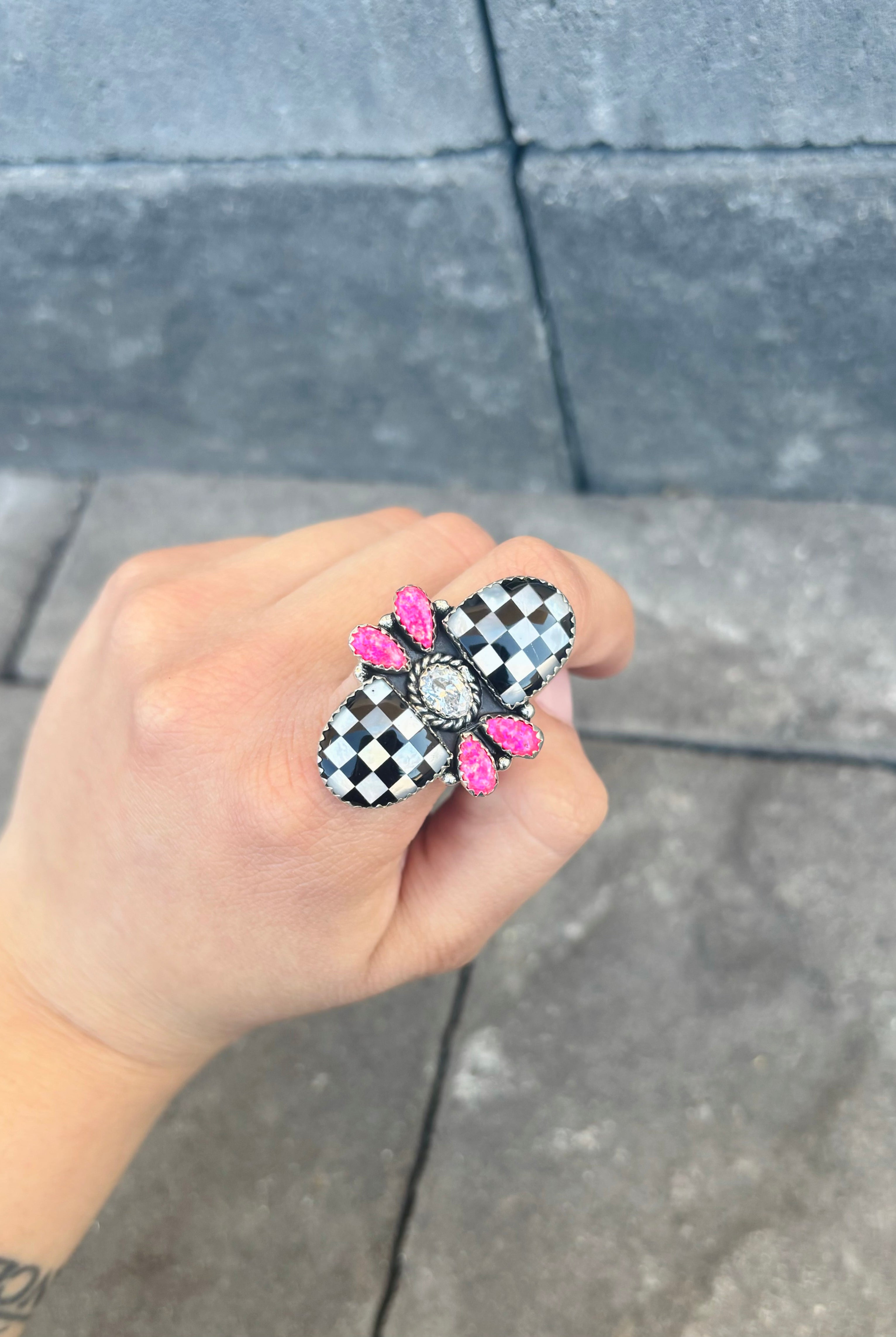 Front View. Checkered Stone Lovebug Ring PREORDER NOW OPEN-Rings-Krush Kandy, Women's Online Fashion Boutique Located in Phoenix, Arizona (Scottsdale Area)