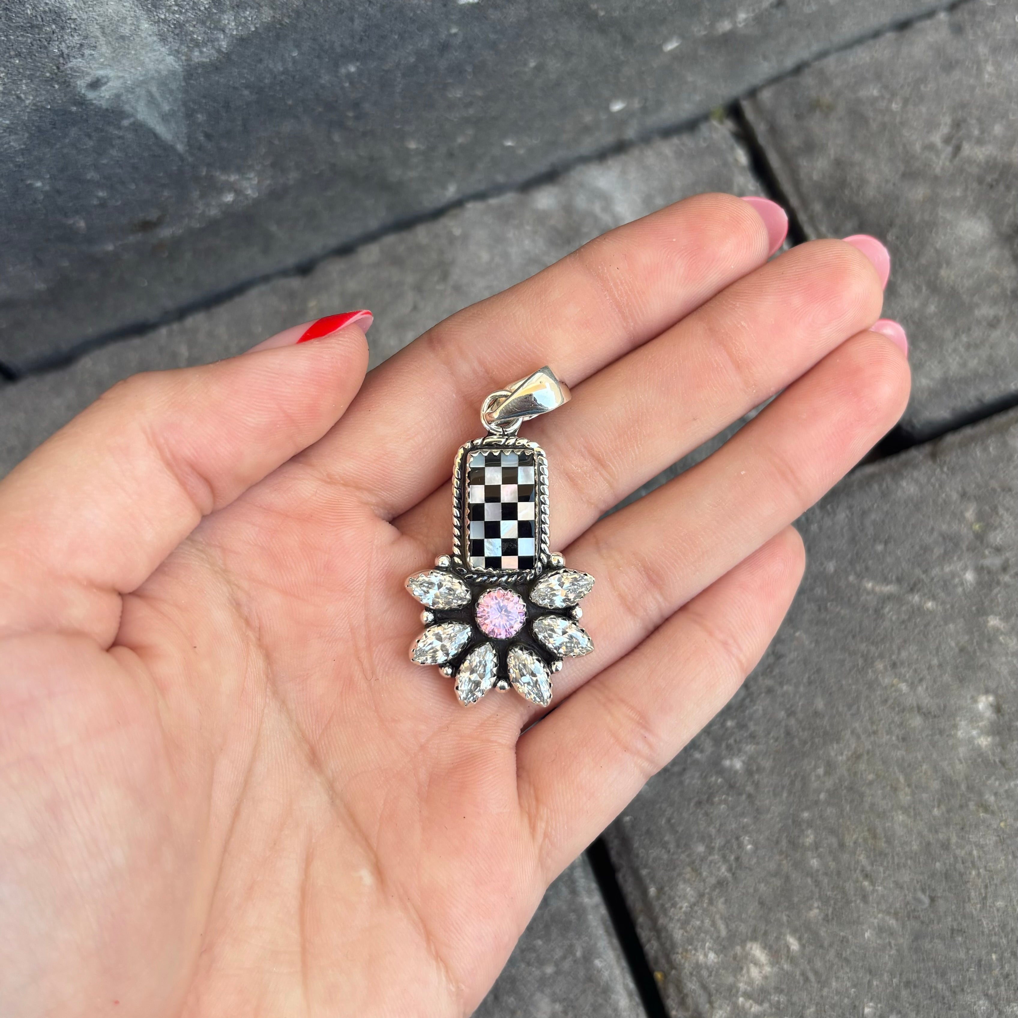 Checkered Blossom Stone Pendant PREORDER-Necklaces-Krush Kandy, Women's Online Fashion Boutique Located in Phoenix, Arizona (Scottsdale Area)