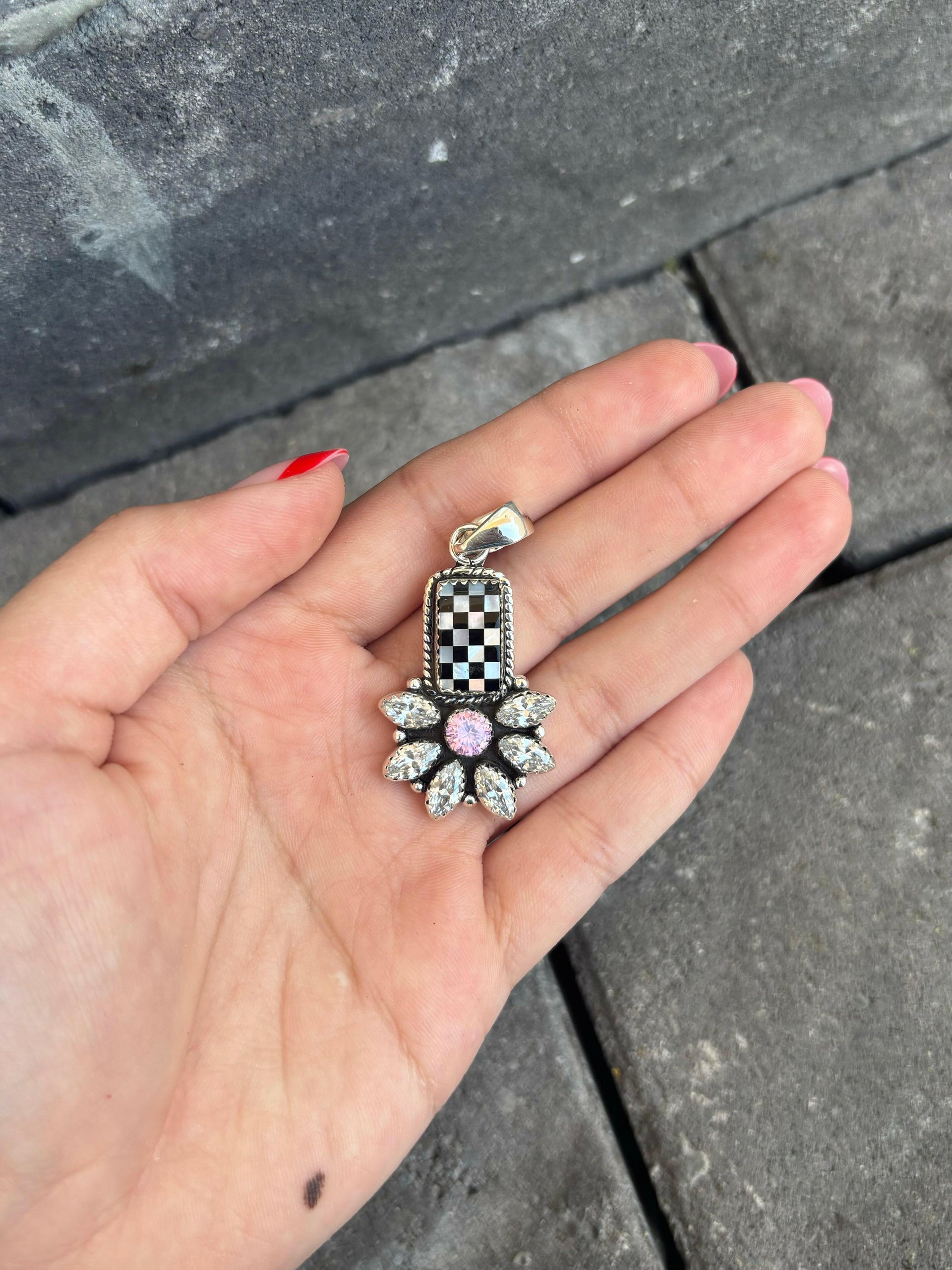 Checkered Blossom Stone Pendant-Pendant Necklaces-Krush Kandy, Women's Online Fashion Boutique Located in Phoenix, Arizona (Scottsdale Area)