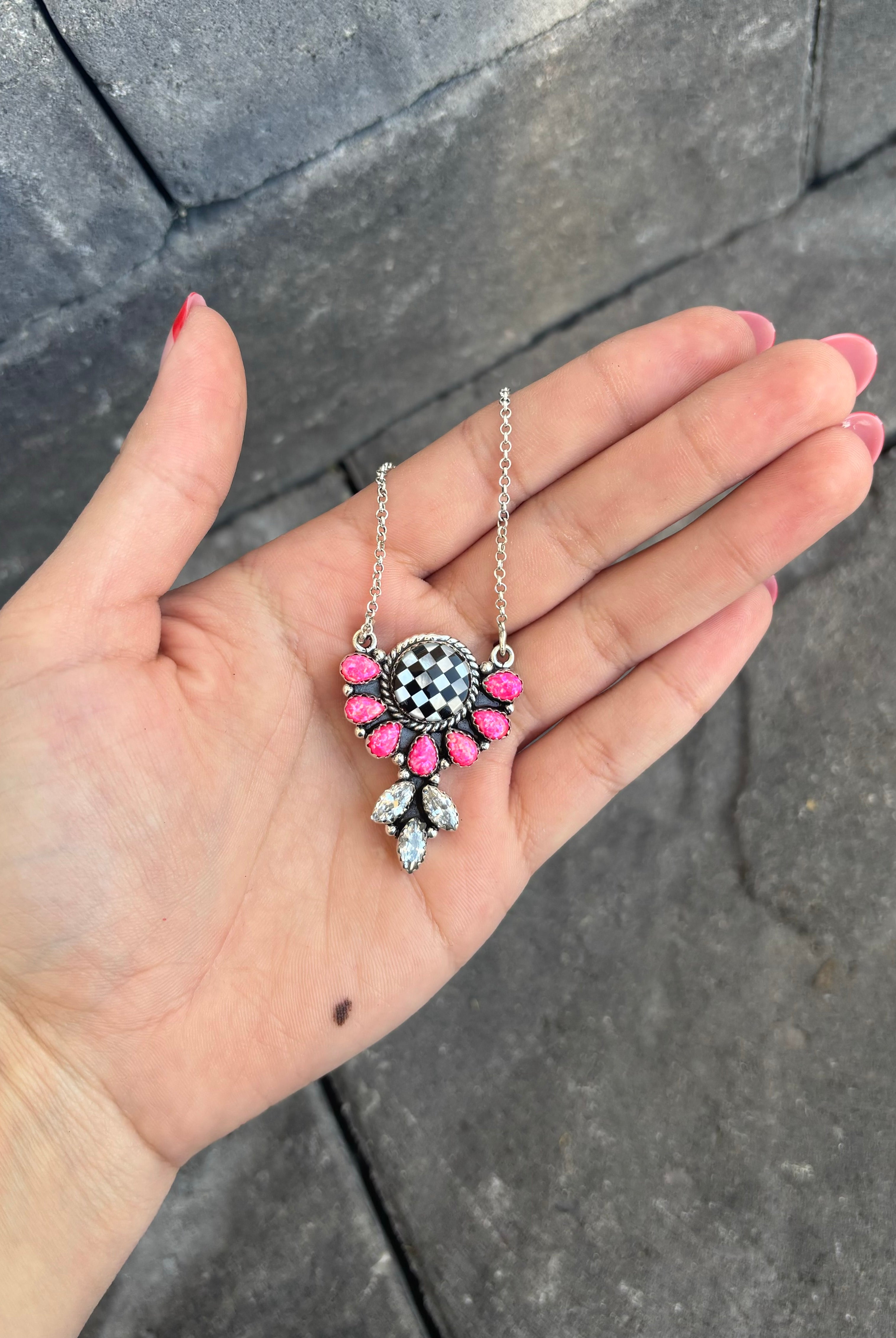 Half Flower Checkered Stone Pendant | PREORDER OPEN-Necklaces-Krush Kandy, Women's Online Fashion Boutique Located in Phoenix, Arizona (Scottsdale Area)