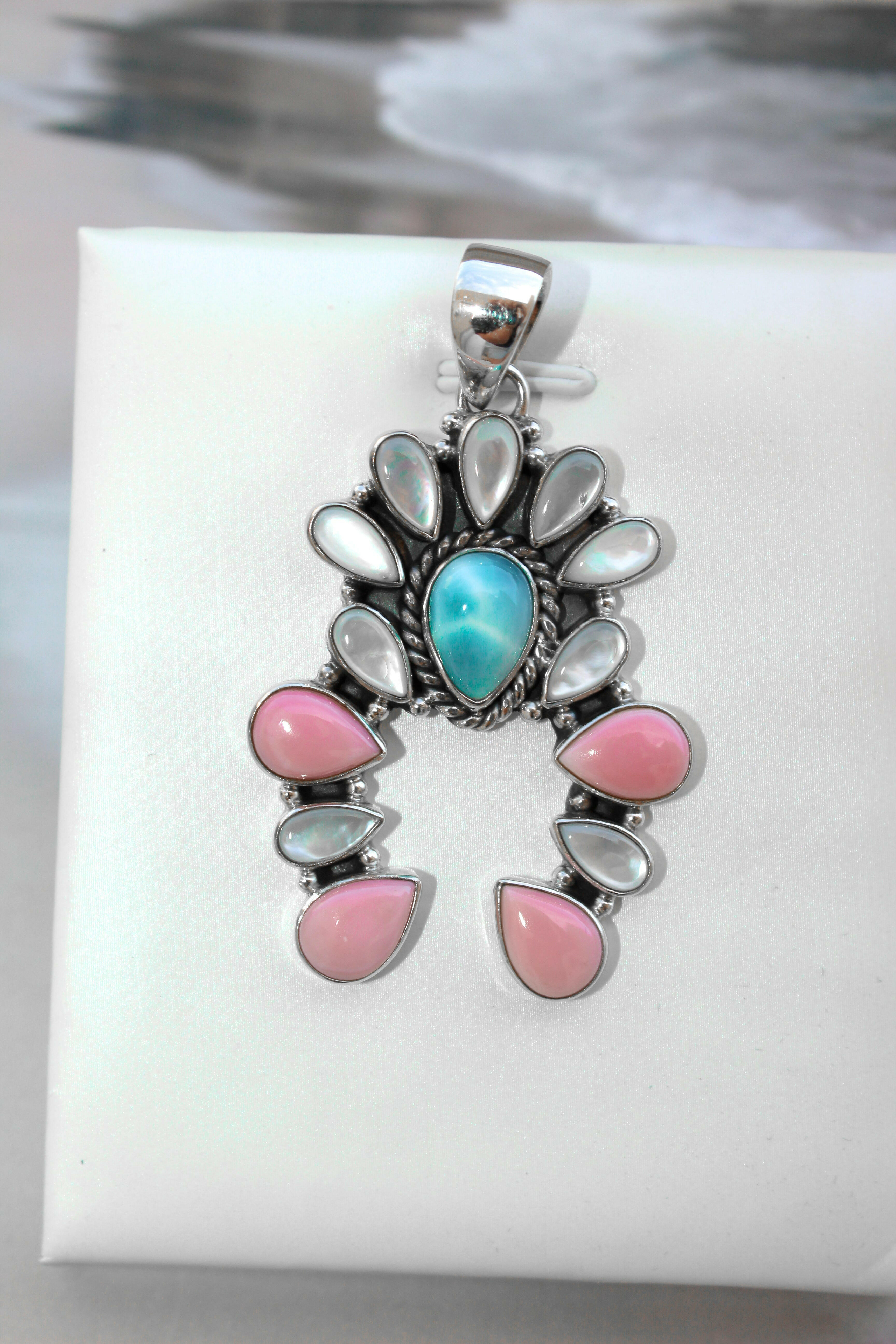 Delicate White Shell & Larimar Stone Horseshoe Pendant-Pendant Necklaces-Krush Kandy, Women's Online Fashion Boutique Located in Phoenix, Arizona (Scottsdale Area)
