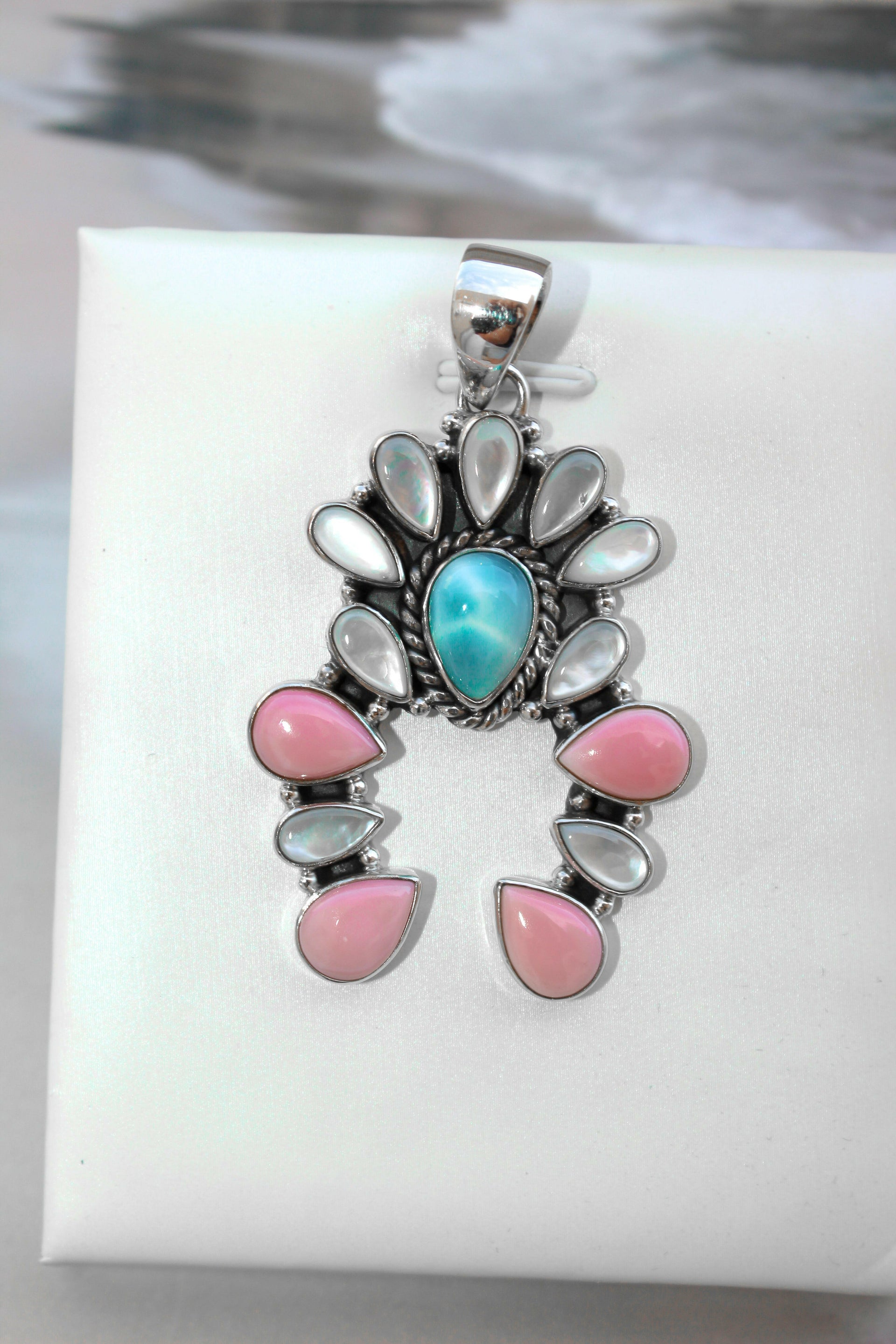 Delicate White Shell & Larimar Stone Horseshoe Pendant-Pendant Necklaces-Krush Kandy, Women's Online Fashion Boutique Located in Phoenix, Arizona (Scottsdale Area)