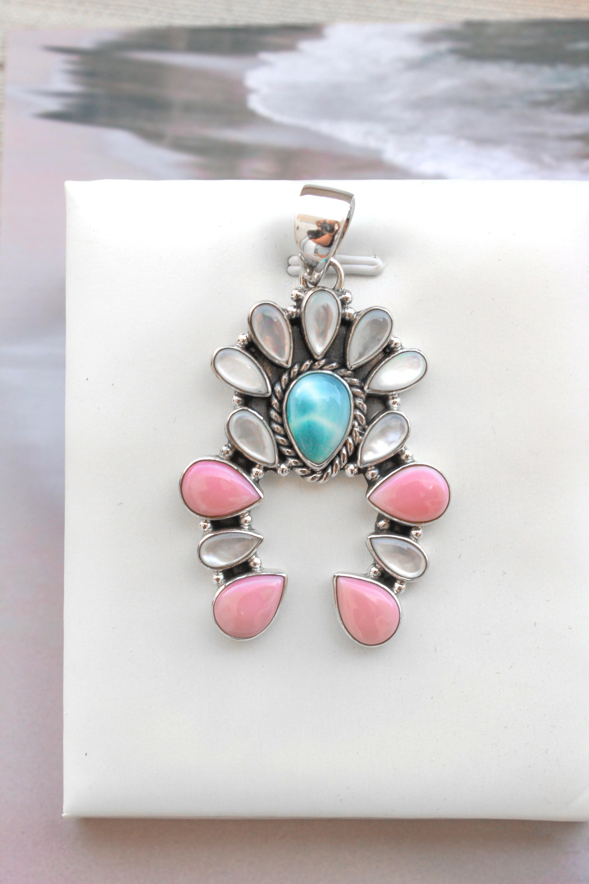 Delicate White Shell & Larimar Stone Horseshoe Pendant-Pendant Necklaces-Krush Kandy, Women's Online Fashion Boutique Located in Phoenix, Arizona (Scottsdale Area)