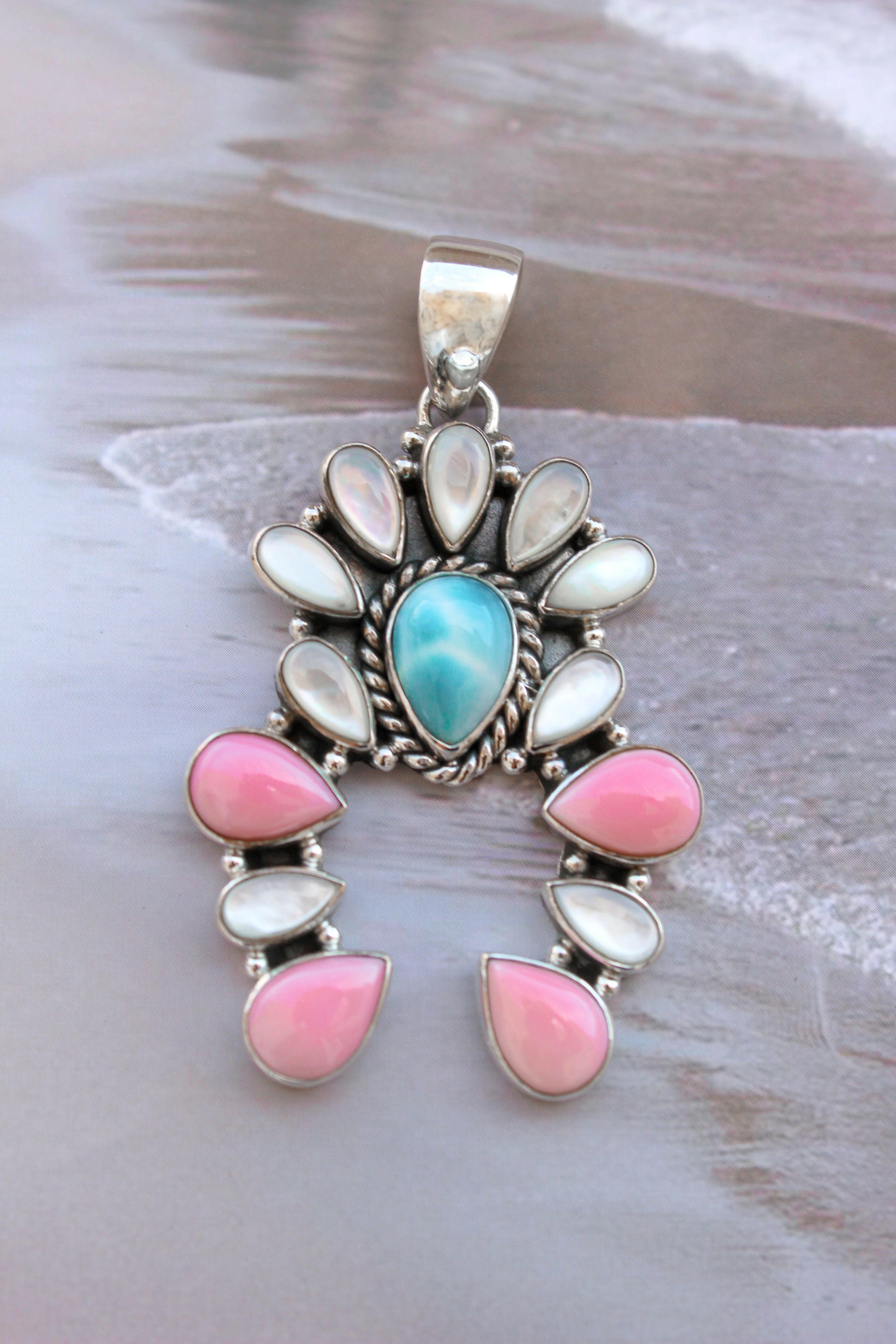 Delicate White Shell & Larimar Stone Horseshoe Pendant-Pendant Necklaces-Krush Kandy, Women's Online Fashion Boutique Located in Phoenix, Arizona (Scottsdale Area)