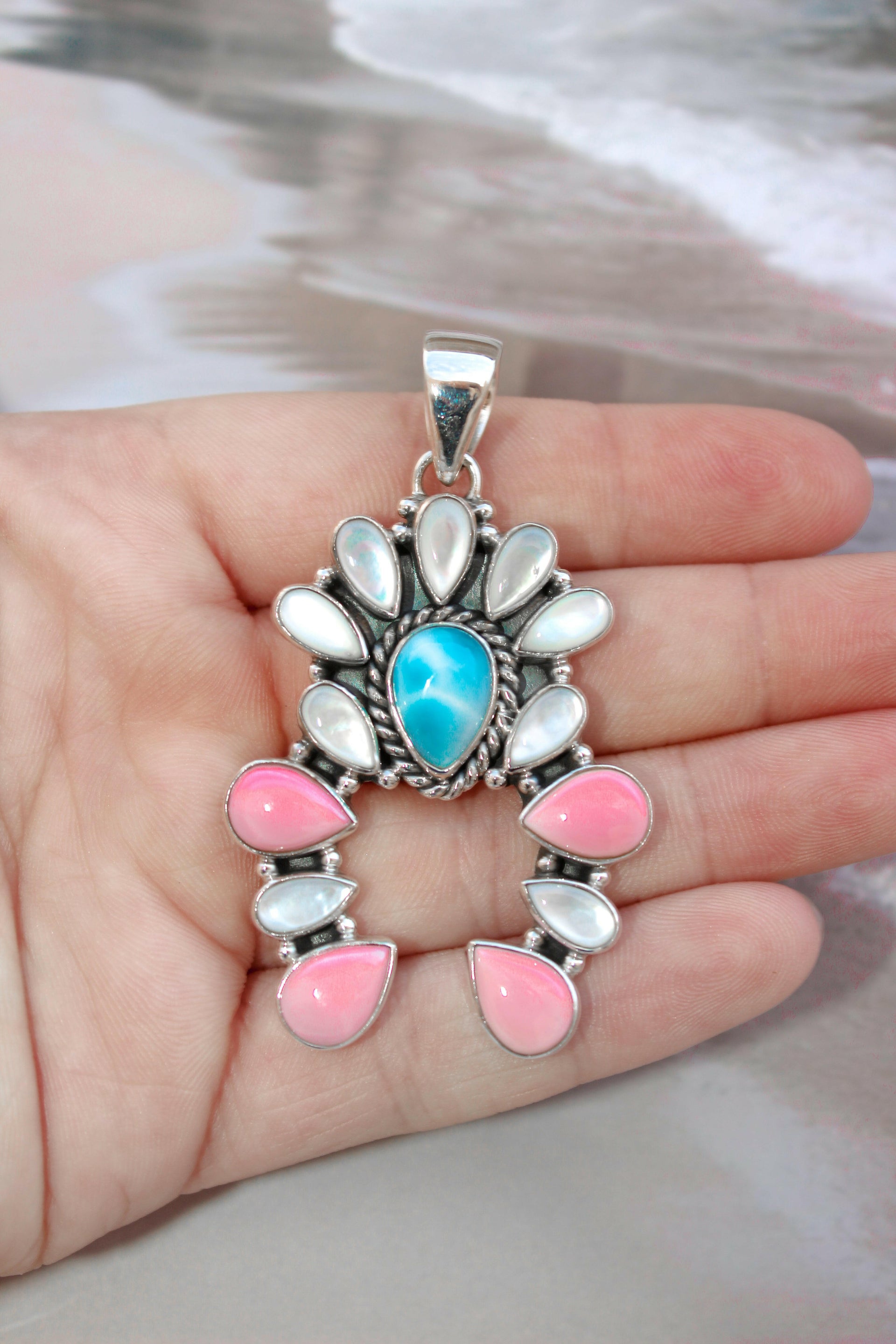 Delicate White Shell & Larimar Stone Horseshoe Pendant-Pendant Necklaces-Krush Kandy, Women's Online Fashion Boutique Located in Phoenix, Arizona (Scottsdale Area)