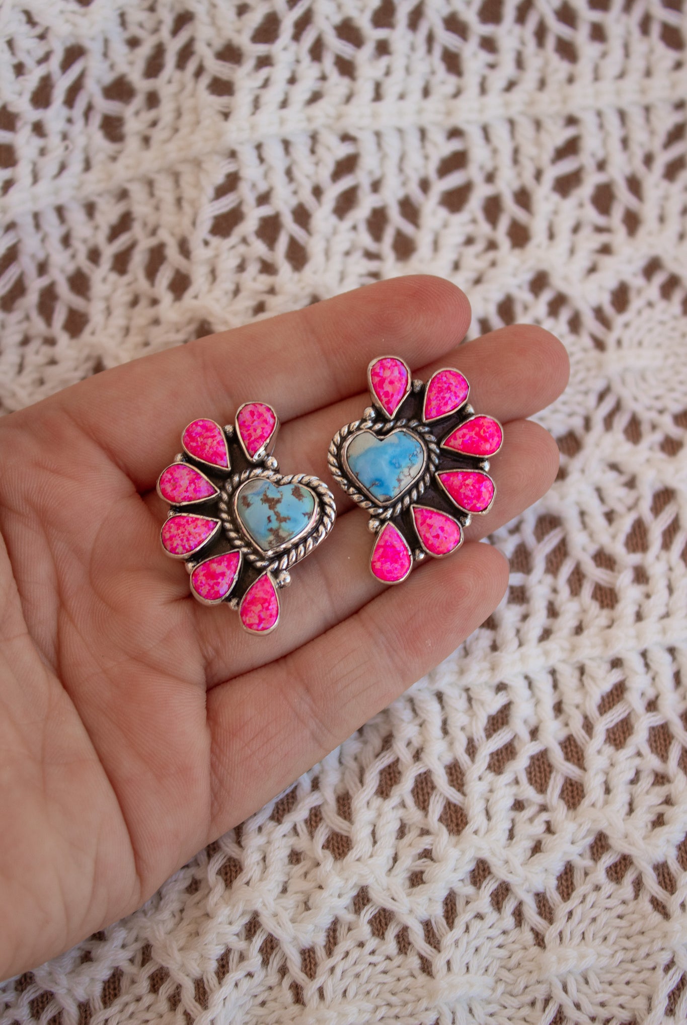 Neon Pink Opal Half Heart Cluster Golden Hills Earrings-Stud Earrings-Krush Kandy, Women's Online Fashion Boutique Located in Phoenix, Arizona (Scottsdale Area)