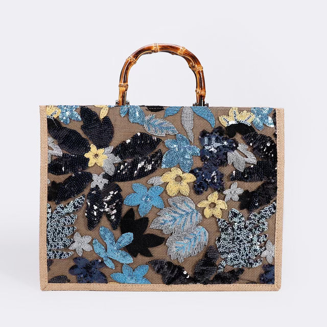 Elegant Burlap Handbag with Floral Embroidery and Bamboo Handle-handbag-Krush Kandy, Women's Online Fashion Boutique Located in Phoenix, Arizona (Scottsdale Area)
