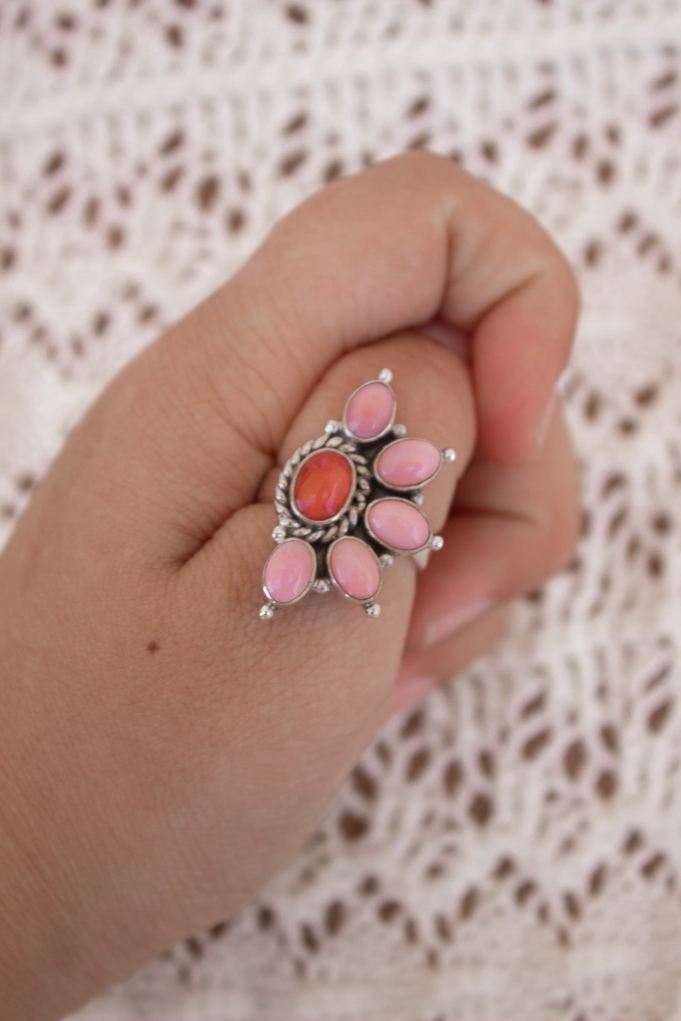 Pink Conch & Stone Half Flower Ring-Cluster Rings-Krush Kandy, Women's Online Fashion Boutique Located in Phoenix, Arizona (Scottsdale Area)