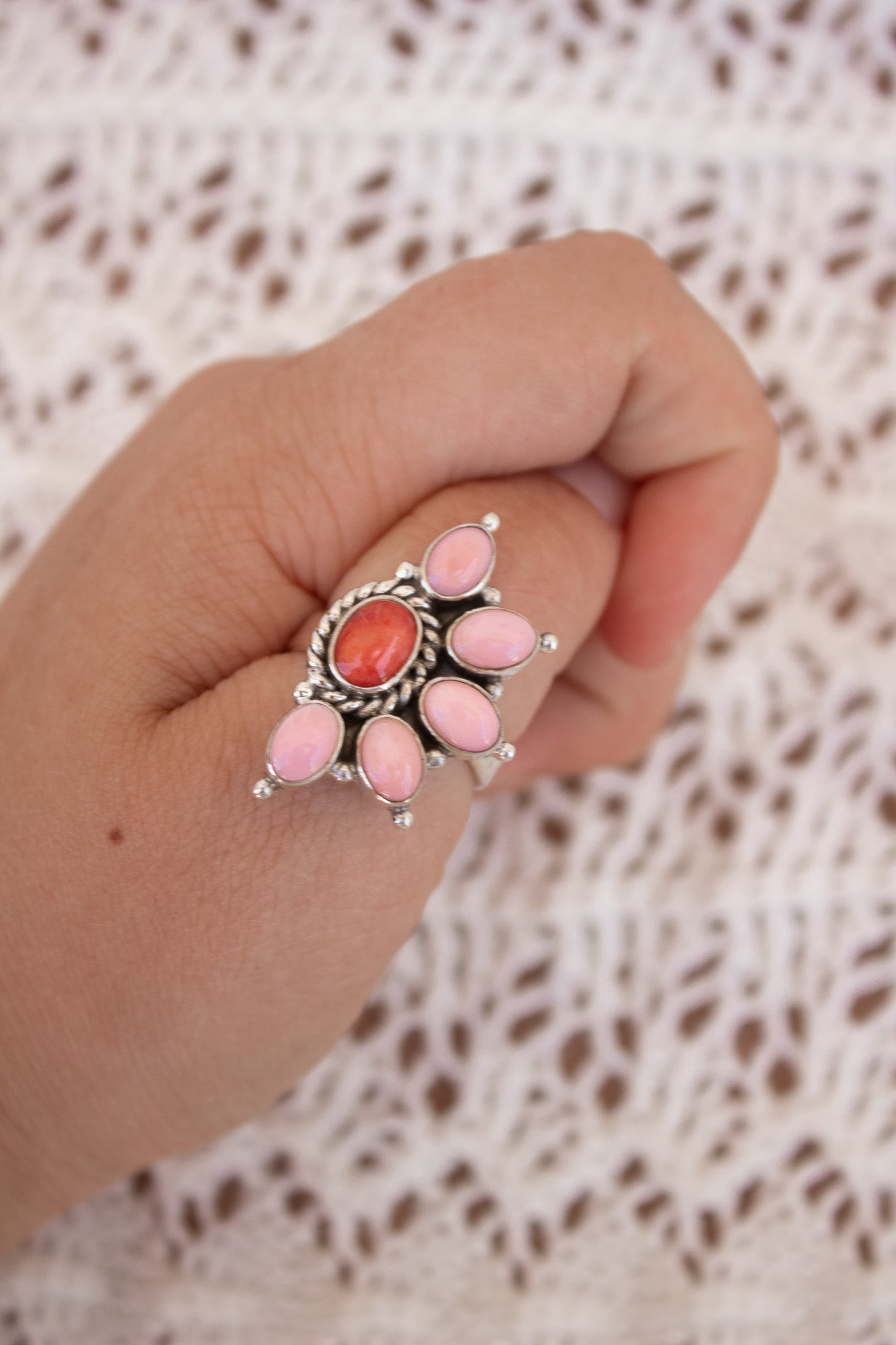 Pink Conch & Stone Half Flower Ring-Cluster Rings-Krush Kandy, Women's Online Fashion Boutique Located in Phoenix, Arizona (Scottsdale Area)