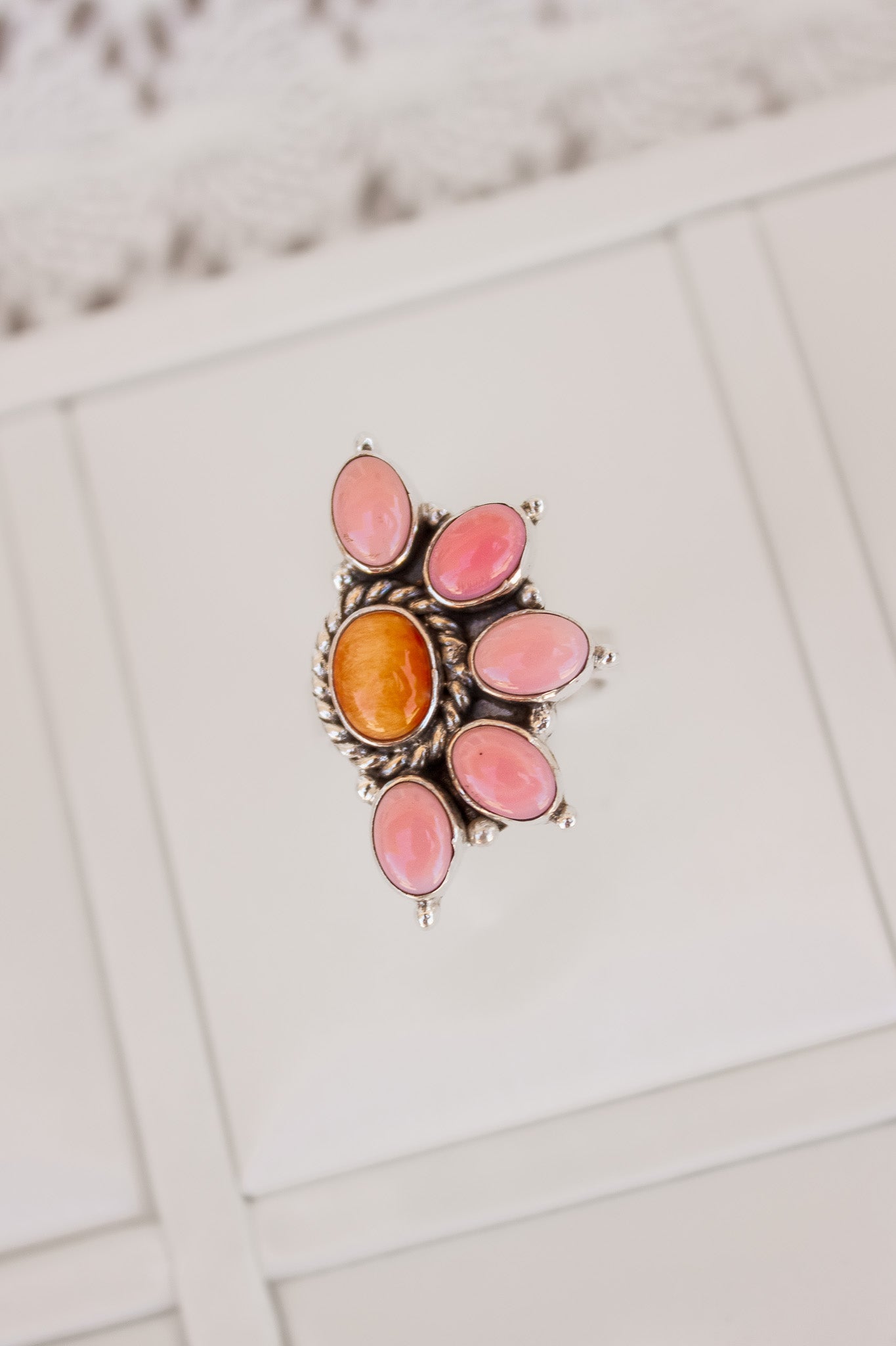 Pink Conch & Stone Half Flower Ring-Cluster Rings-Krush Kandy, Women's Online Fashion Boutique Located in Phoenix, Arizona (Scottsdale Area)