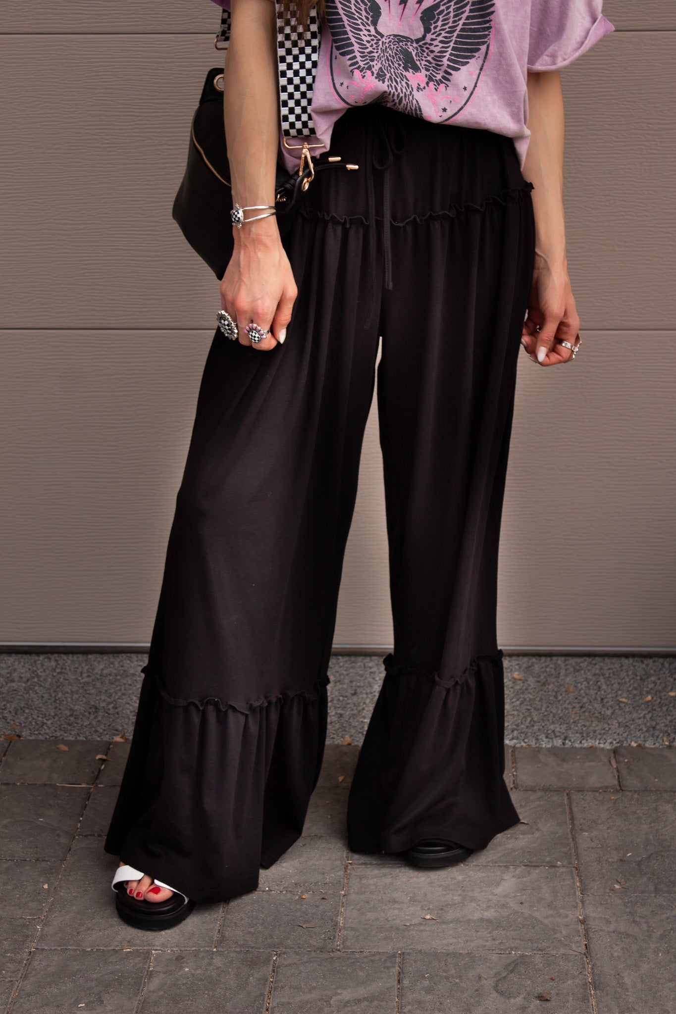 Free Spirit Ruffled High Waist Wide Leg Pants-Pants-Krush Kandy, Women's Online Fashion Boutique Located in Phoenix, Arizona (Scottsdale Area)