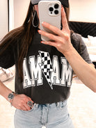 MAMA Checkered Bolt Graphic Tee | MADE TO ORDER-clothing-Krush Kandy, Women's Online Fashion Boutique Located in Phoenix, Arizona (Scottsdale Area)
