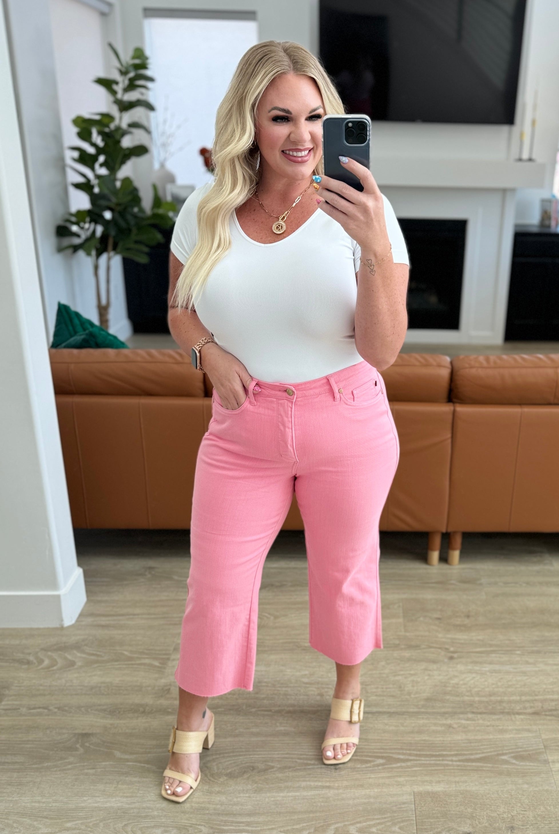 JUDY BLUE Lisa High Rise Control Top Wide Leg Crop Jeans in Pink-Denim-Krush Kandy, Women's Online Fashion Boutique Located in Phoenix, Arizona (Scottsdale Area)